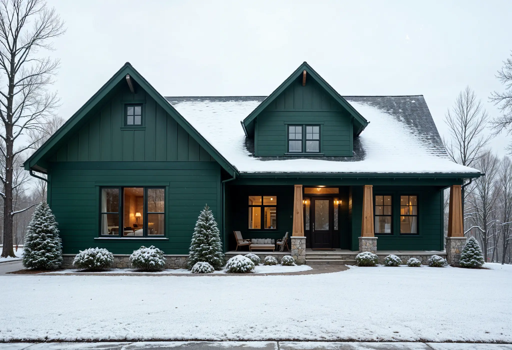 Green fiber cement siding on gable-style home in winter.