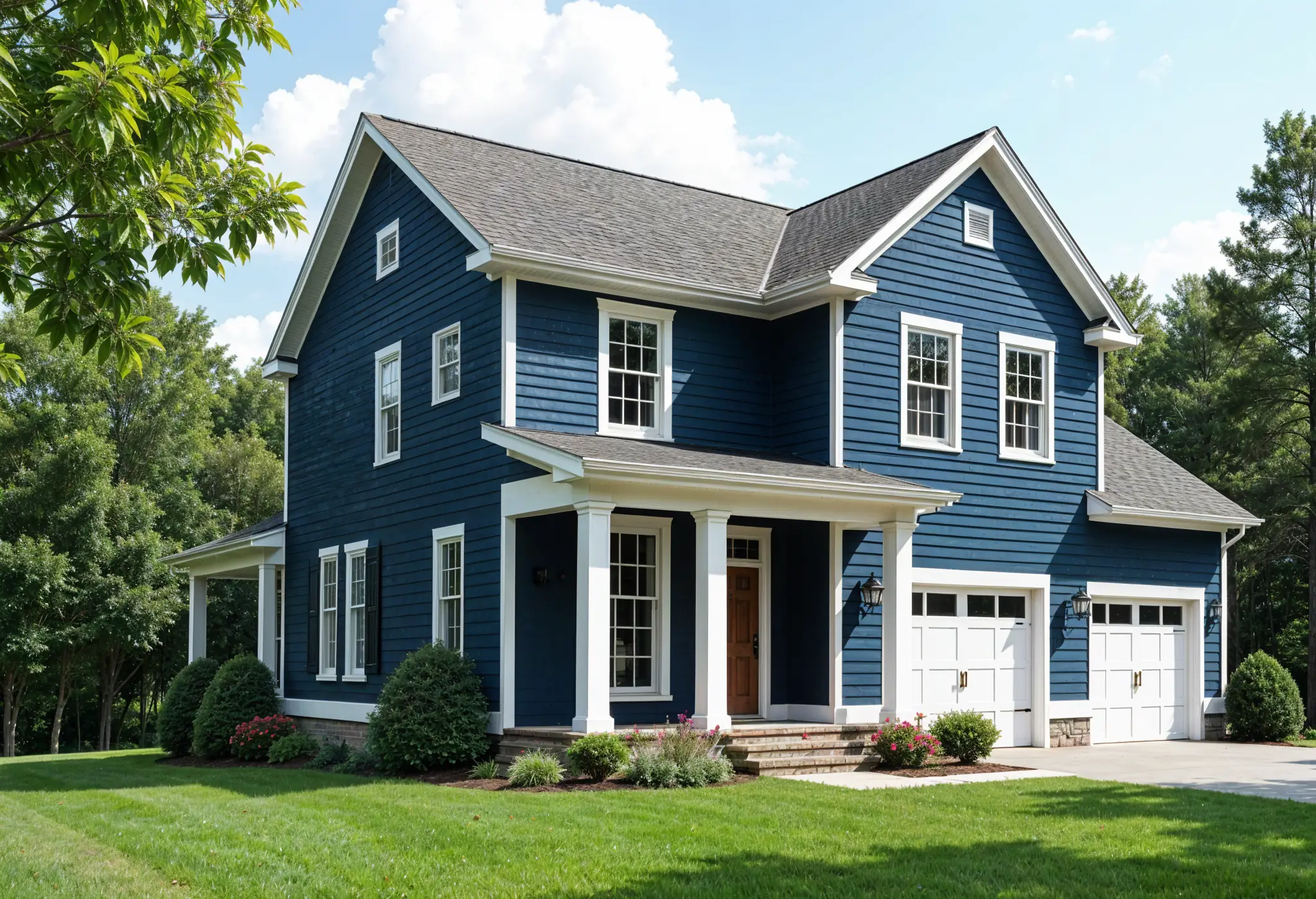 Colonial revival home with a deep navy fiber cement James Hardie siding in Virginia.