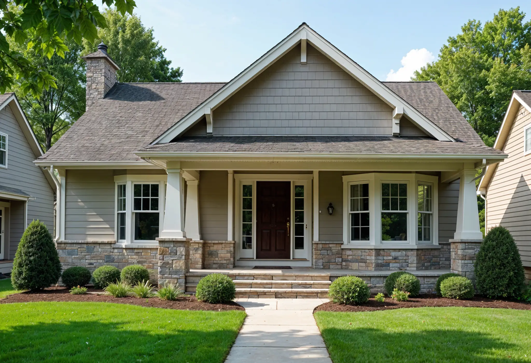 Craftsman-style Virginia home with warm gray Hardie siding and white trim.