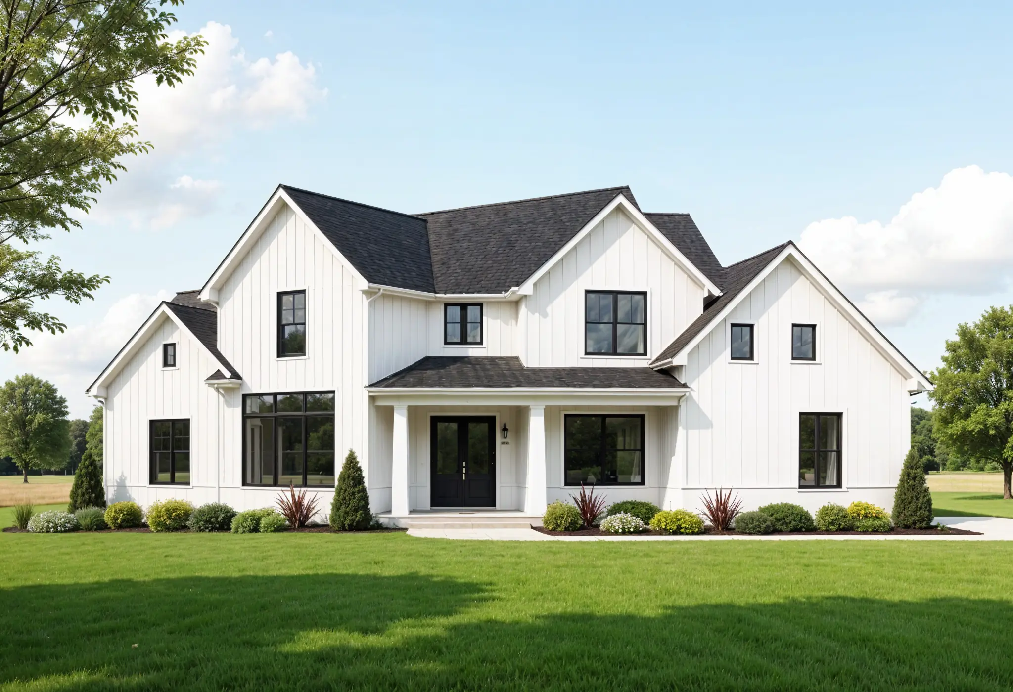White modern farmhouse in Virginia with James Hardie vertical panels.