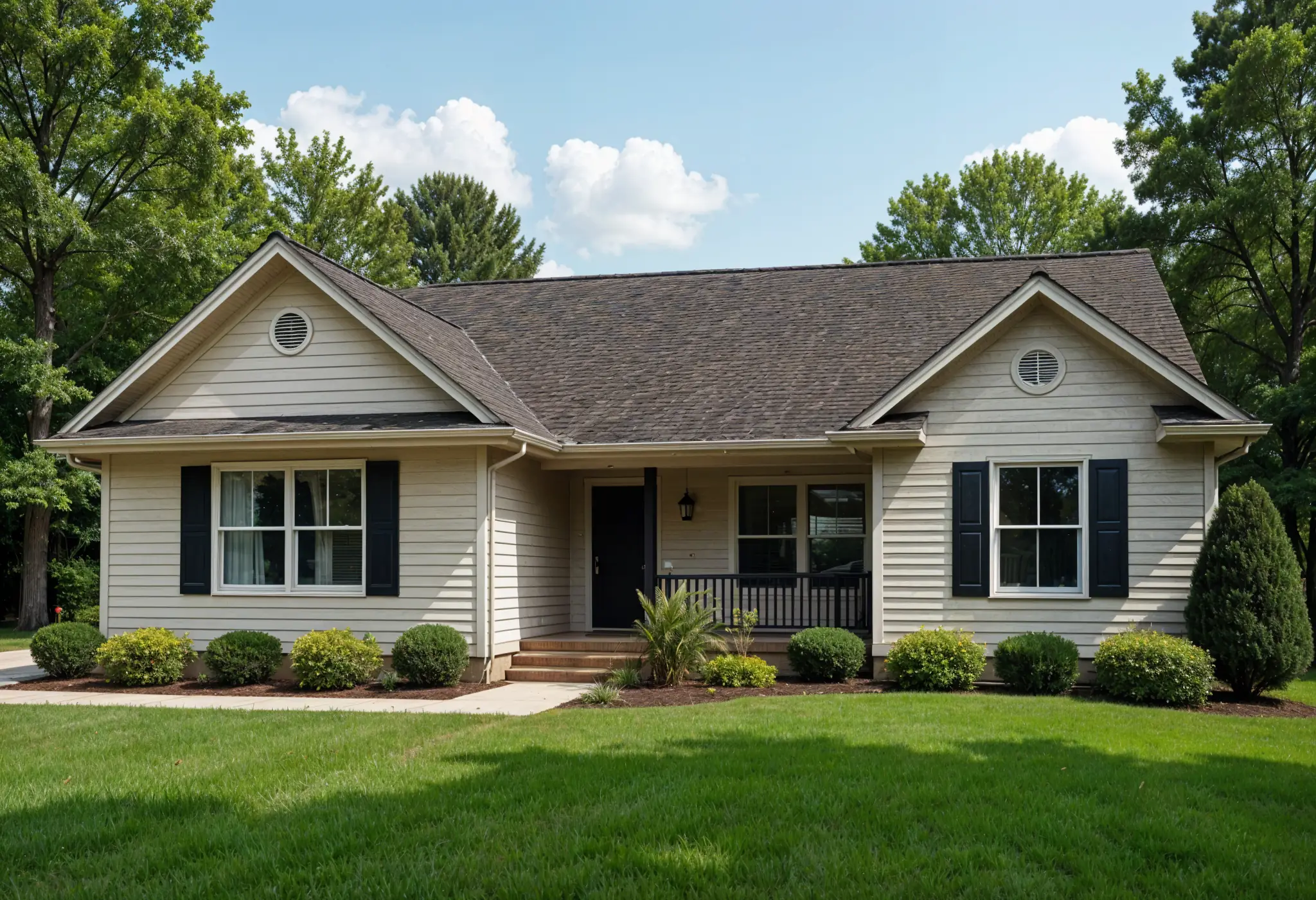 One-story Virginia ranch home with beige James Hardie siding.