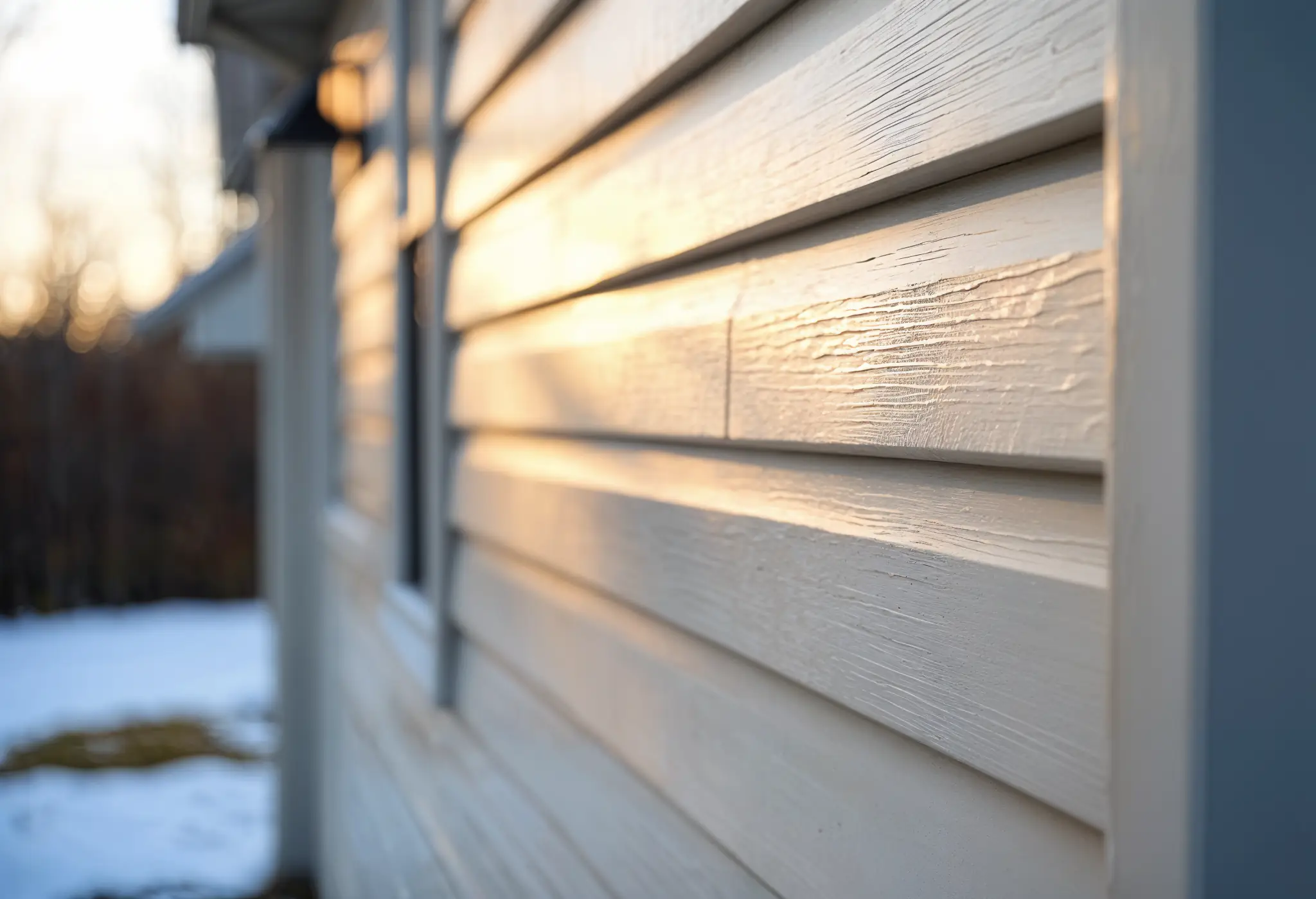 Close-up of vinyl siding panels on a West Virginia home, showcasing texture and clean lines.
