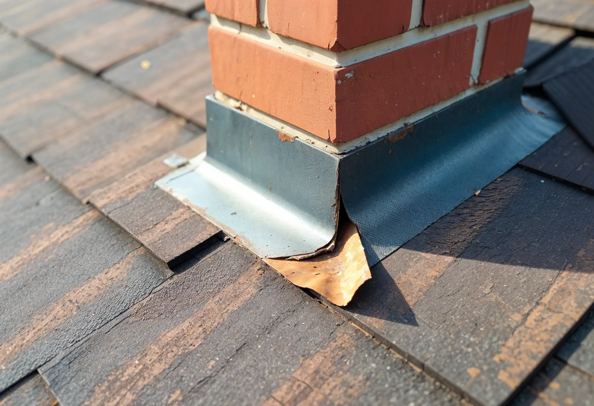 an ultra-realistic photo of rusted roof flashing lifting around a chimney