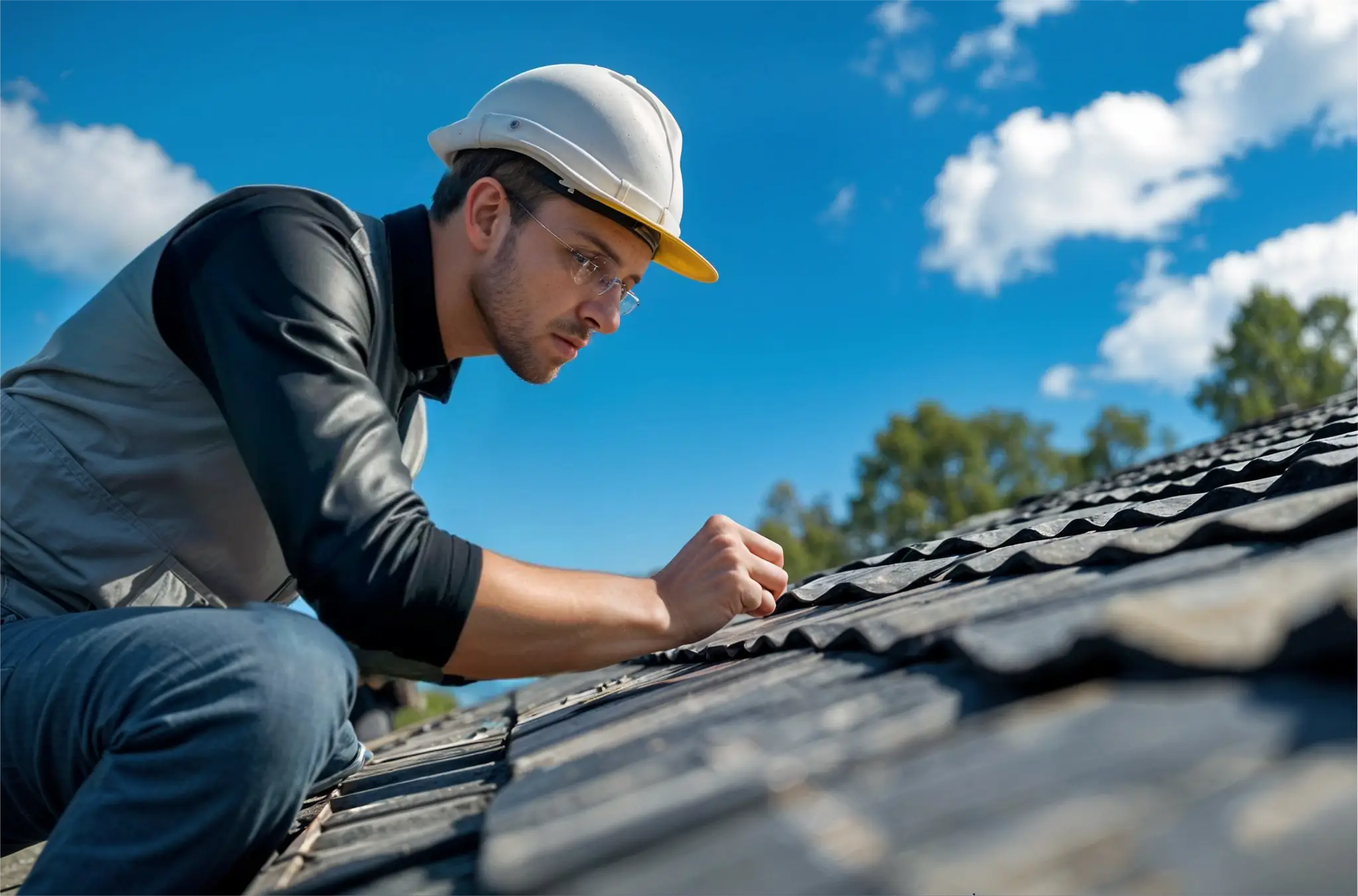 an ultra-realistic photo of a roofing professional closely inspecting asphalt shingles for damage under a bright blue sky
