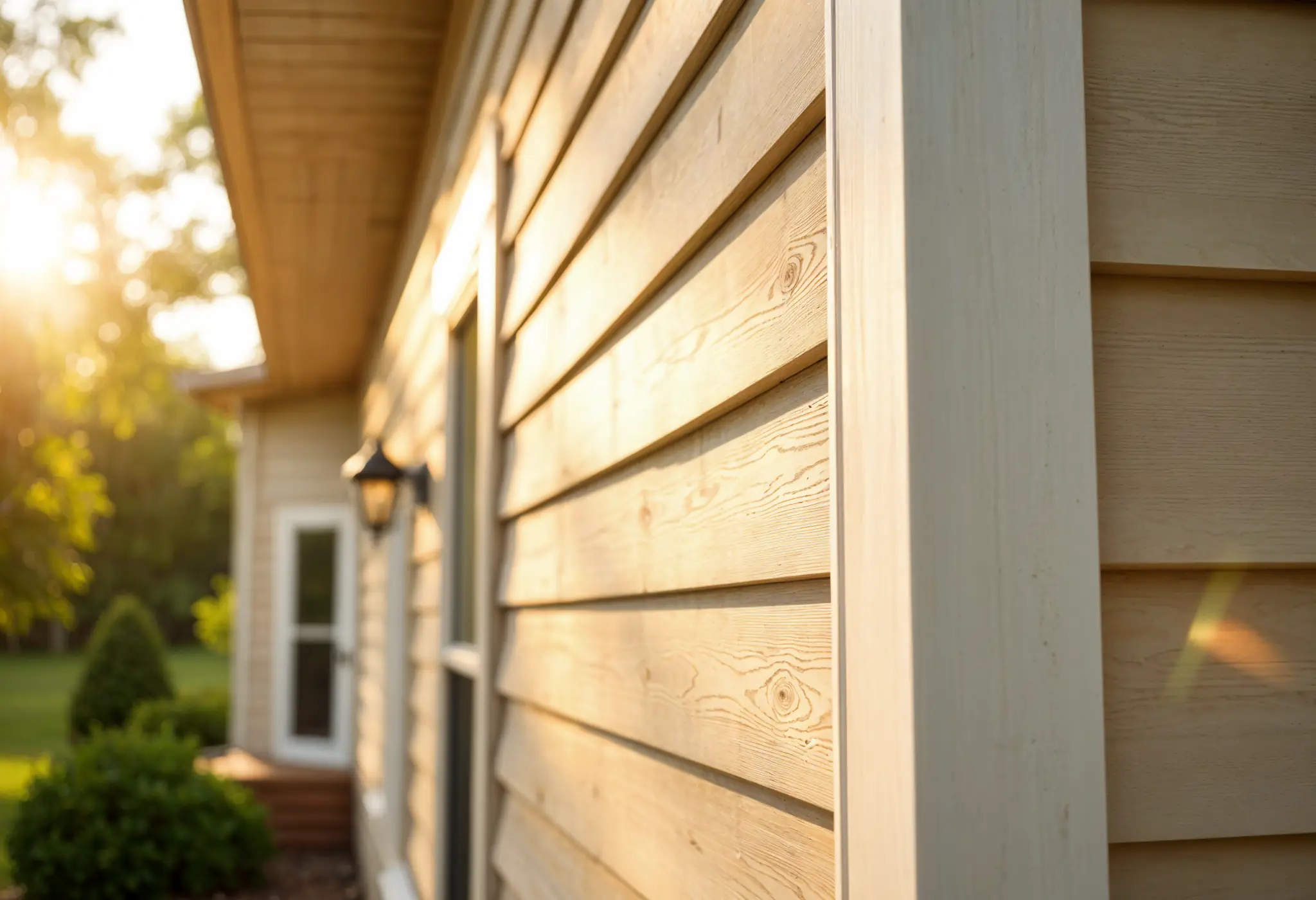 Close-up of beige fiber cement siding with wood-grain texture on a Virginia home