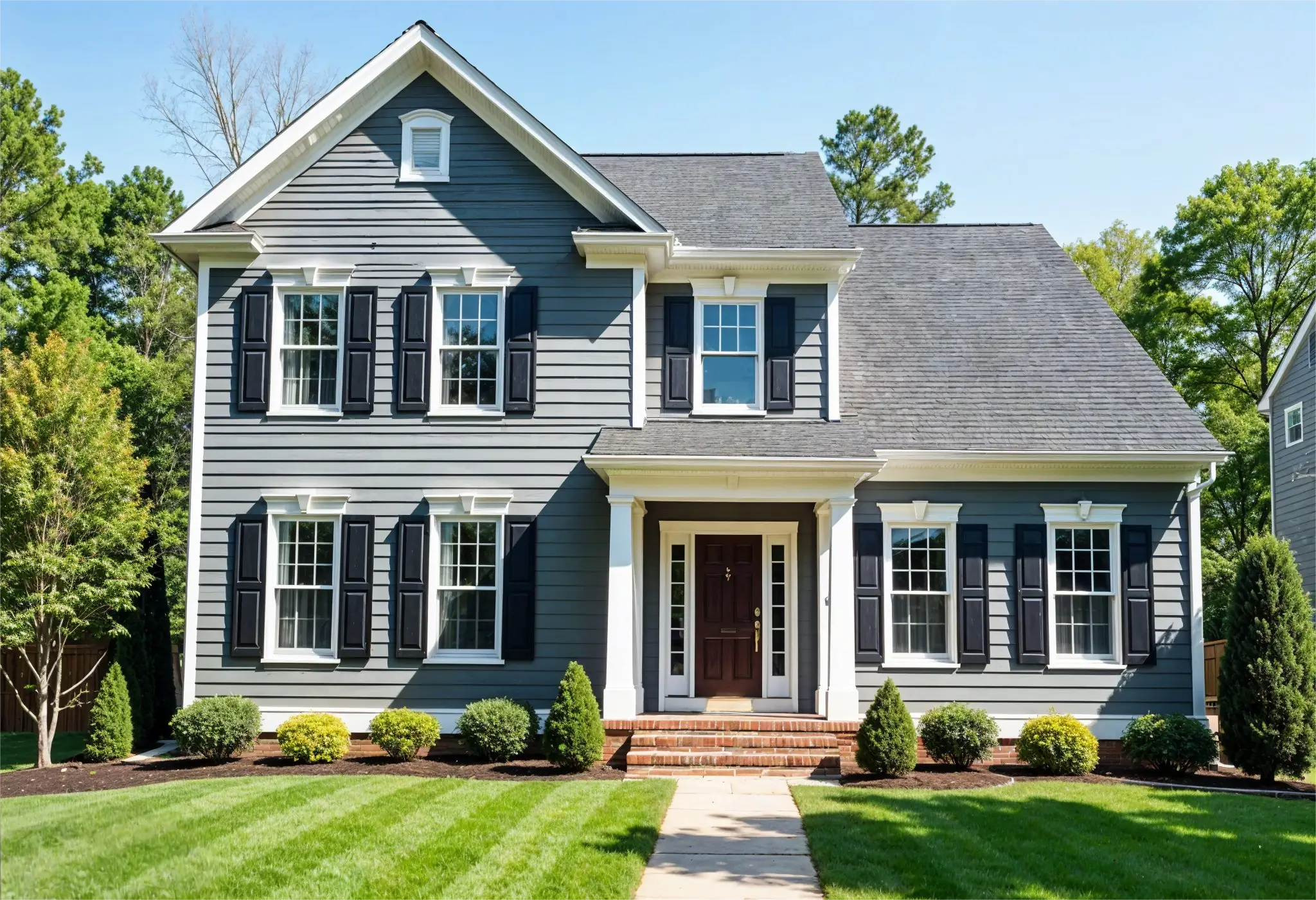 Two-story colonial home with slate gray fiber cement siding in Virginia