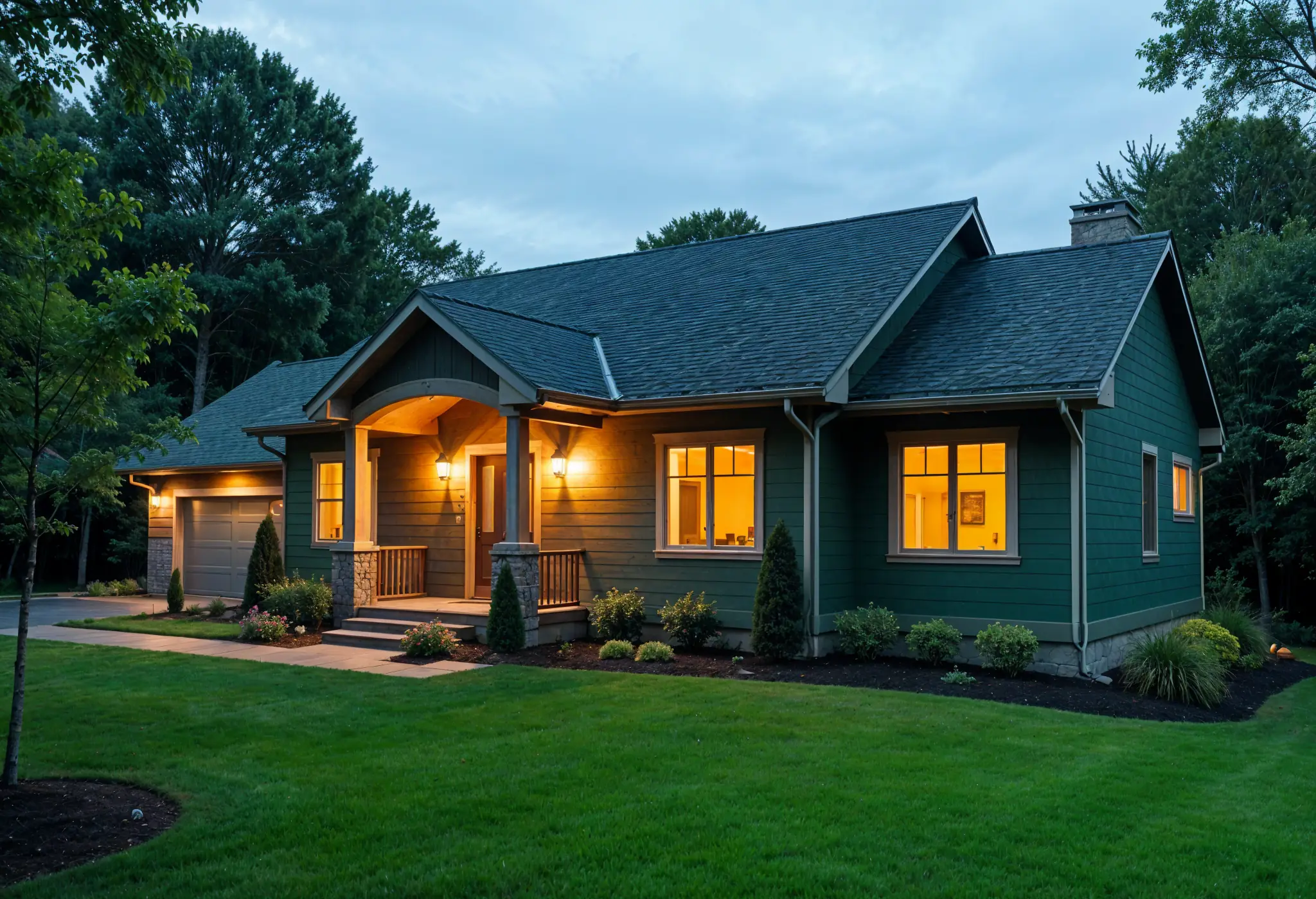 Forest green fiber cement siding on ranch-style home in Virginia at dusk