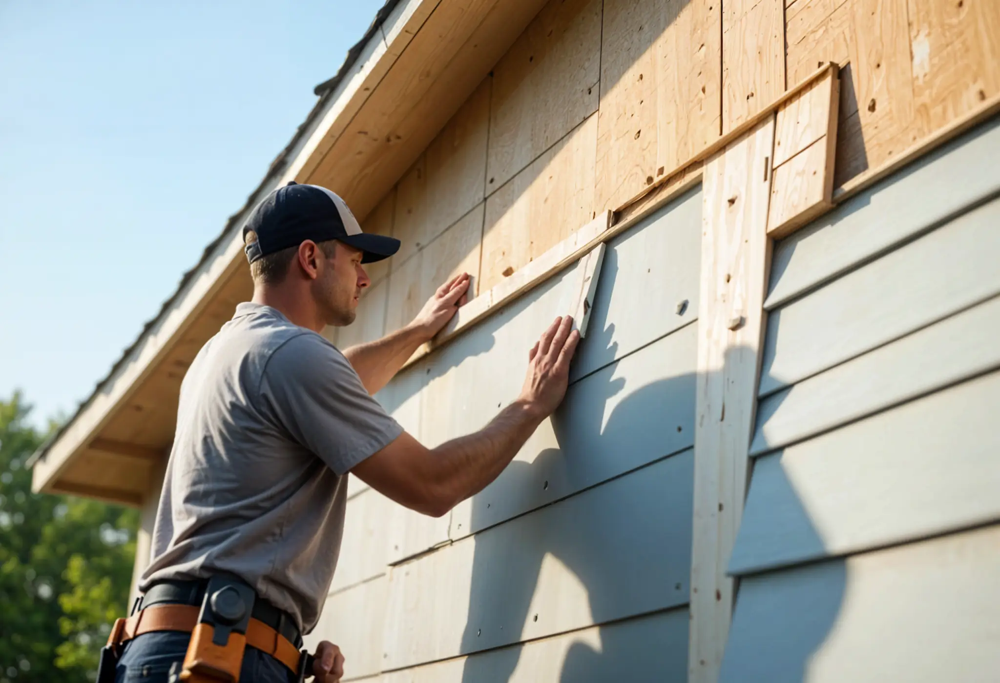 Installer working with fiber cement siding on a new Virginia home