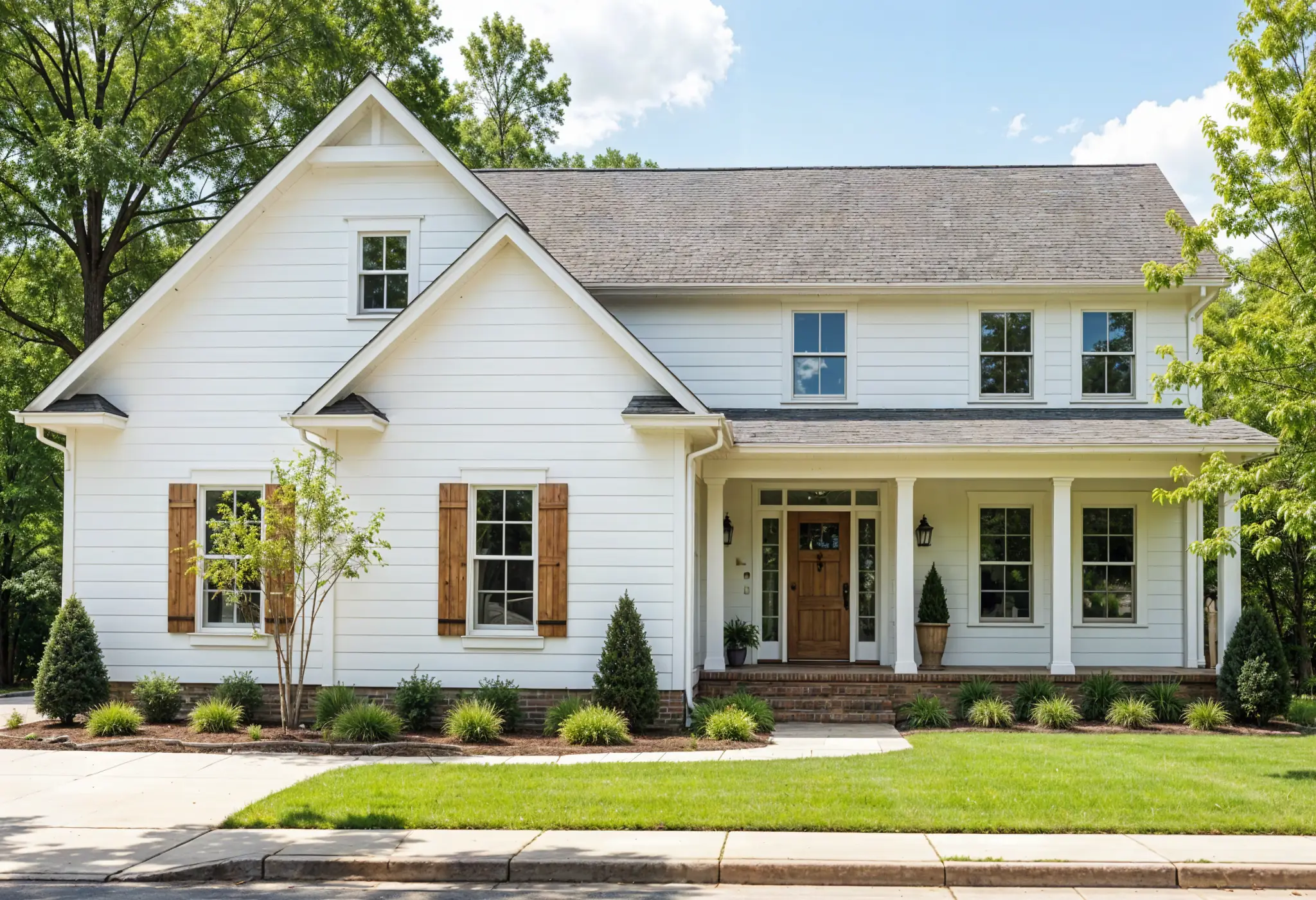 Modern farmhouse with white fiber cement siding and wood shutters