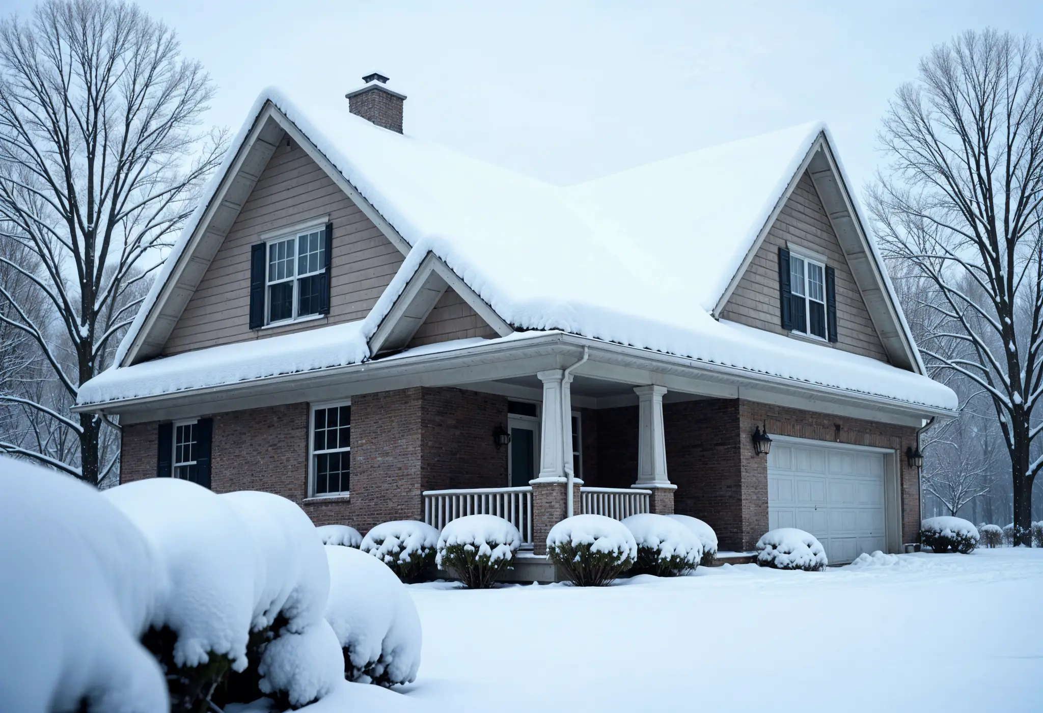 Ultra-realistic photo of sagging roofline on a West Virginia home under heavy snow.