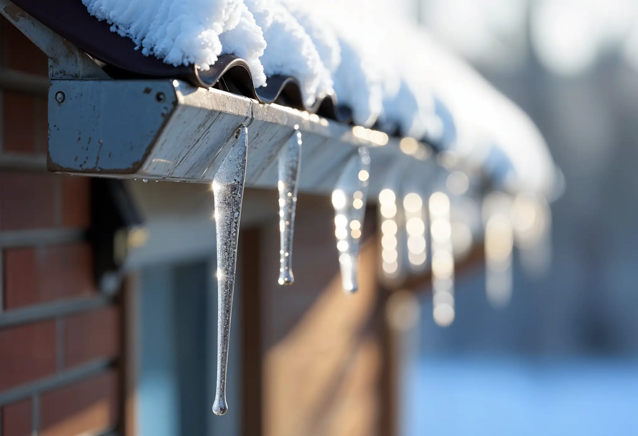 Ultra-realistic photo of large icicles on gutters, a sign of ice dams forming.