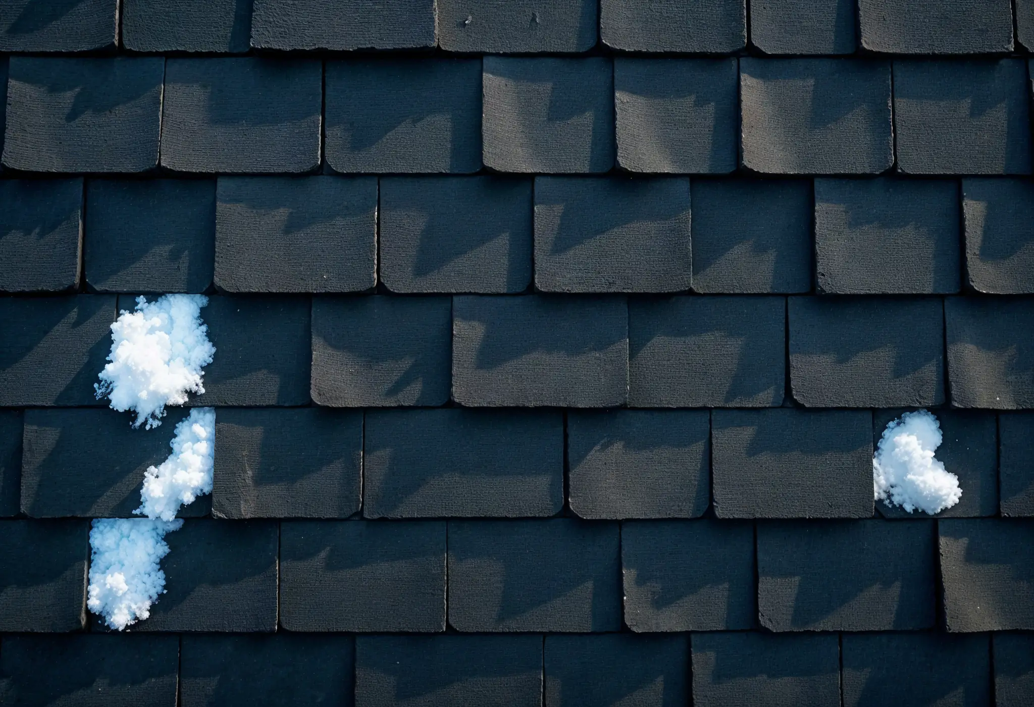 Ultra-realistic photo of damaged shingles on a snowy roof in winter.