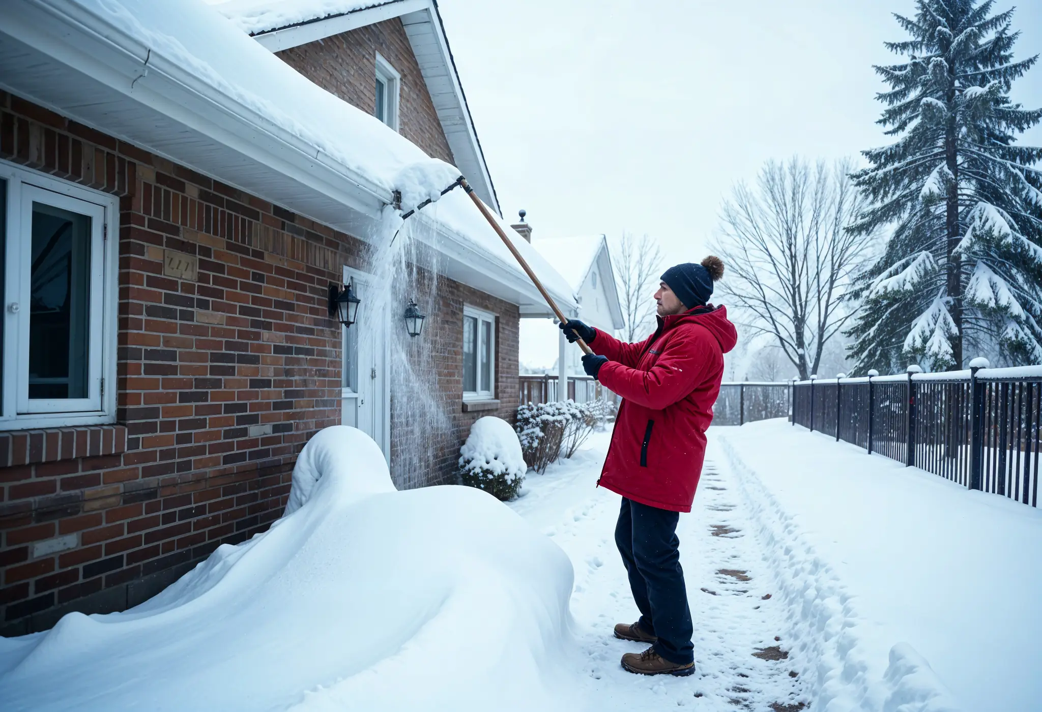 Ultra-realistic photo of person using roof rake to clear snow from roof.