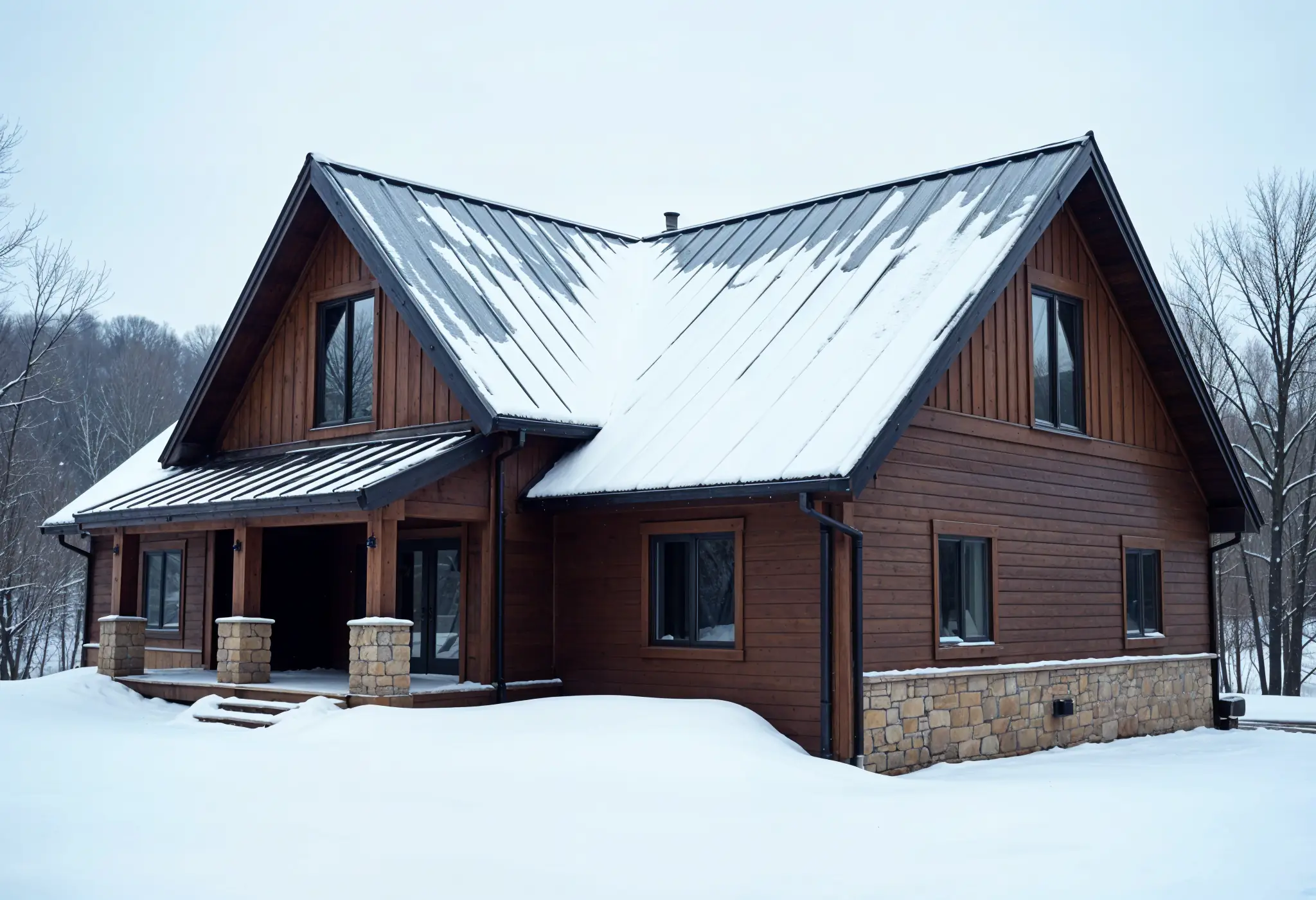 Ultra-realistic photo of snow sliding off a metal roof.