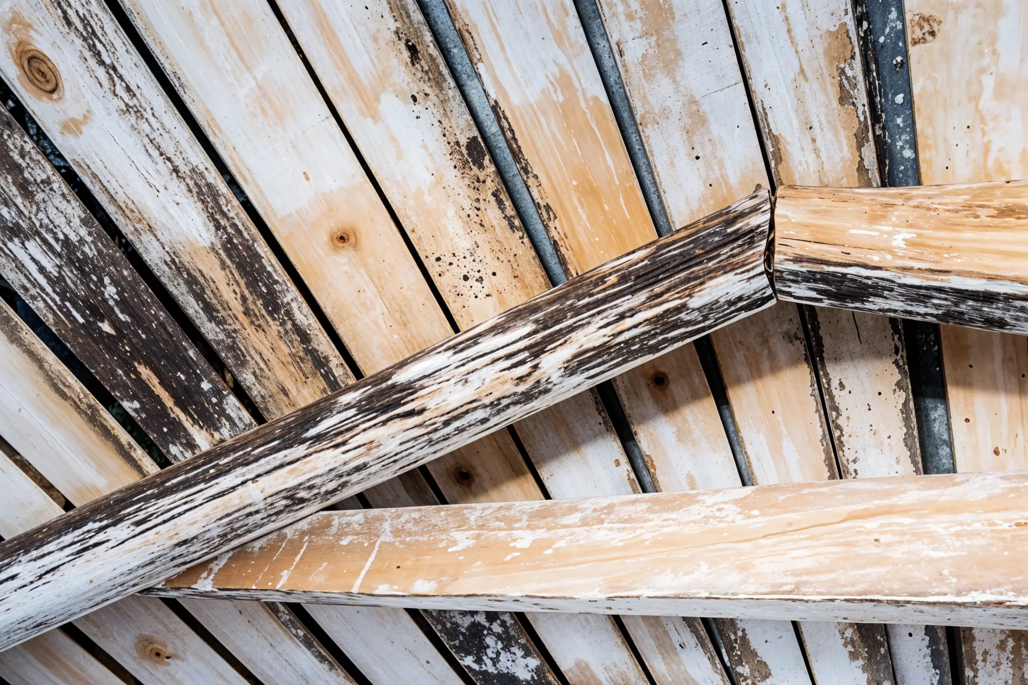 Mold and water stains on attic wood beams in a Virginia house.