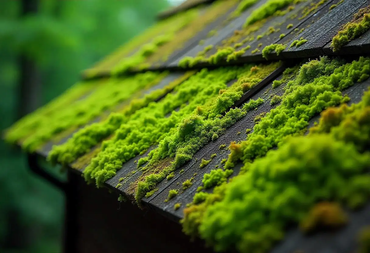 Green moss and black algae stains on asphalt shingles of a Virginia house.