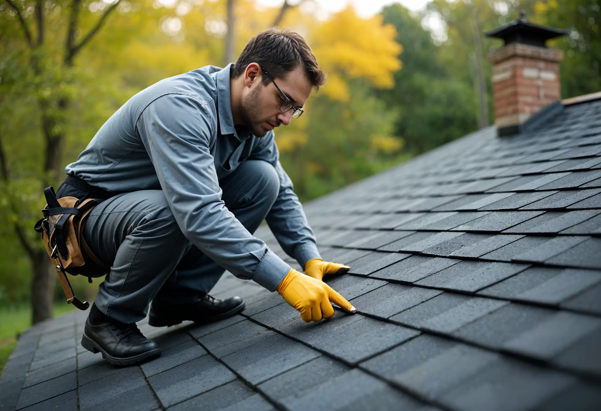 Roofer inspecting asphalt shingles and roof deck for soft spots in Virginia.