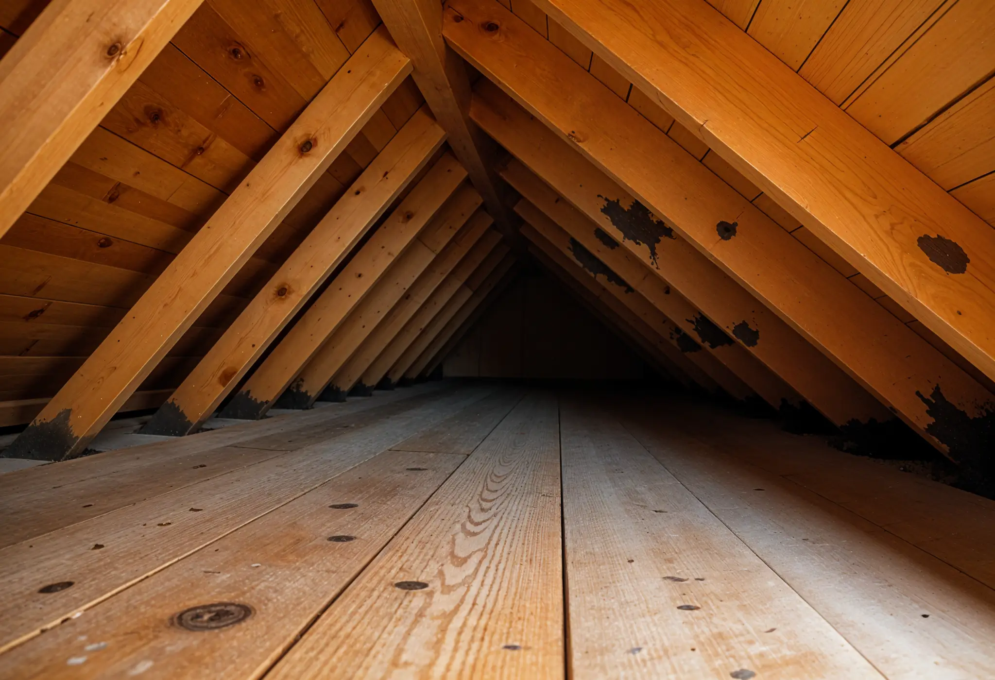 black mold spots on attic rafters under roof decking West Virginia