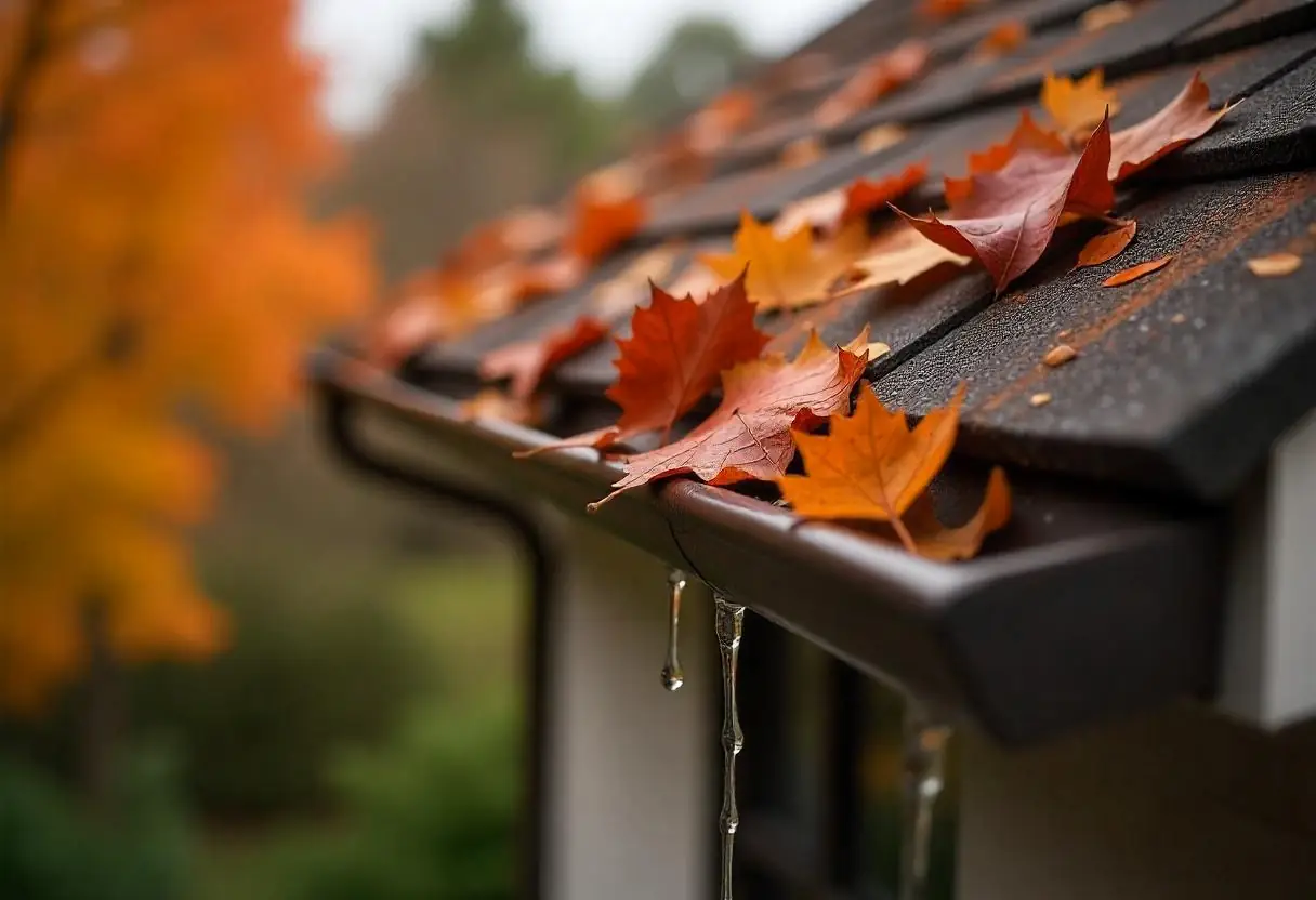 clogged house gutters with leaves causing water overflow