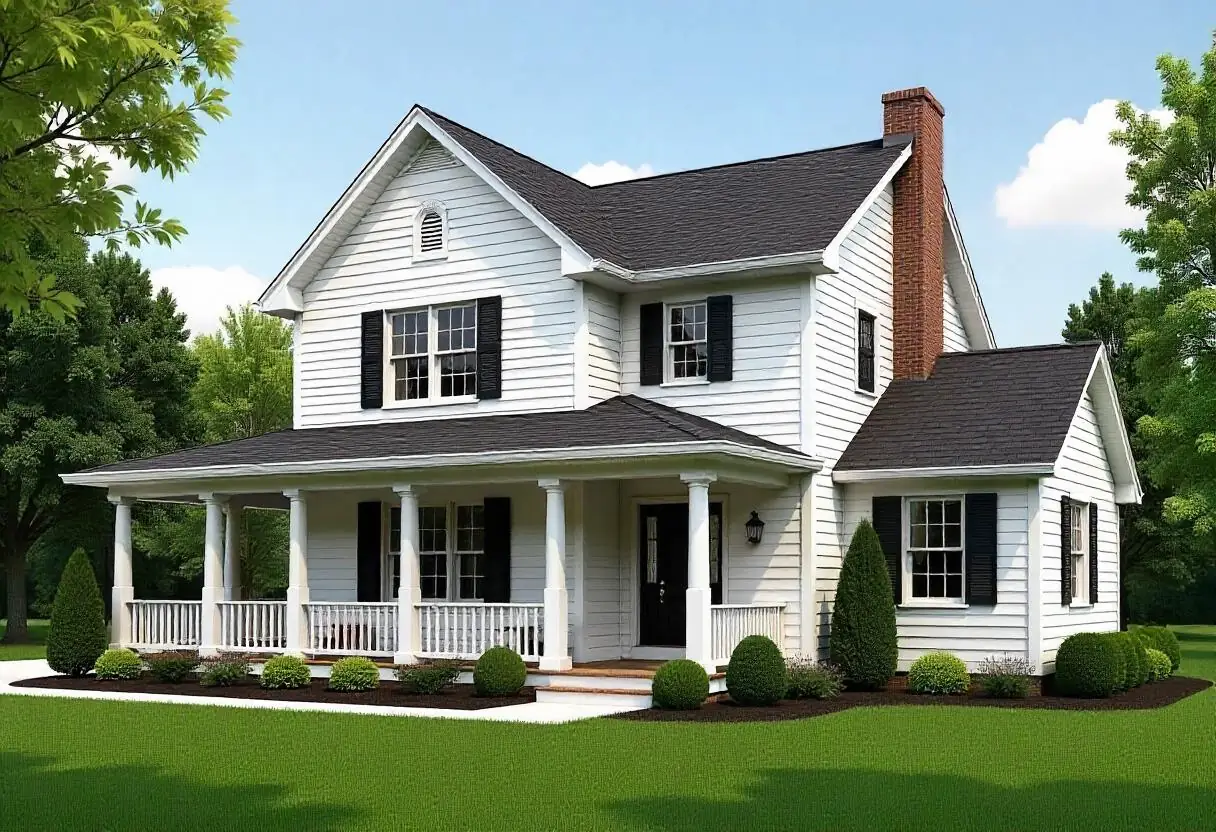 White farmhouse in West Virginia with board-and-batten fiber cement siding and black windows.