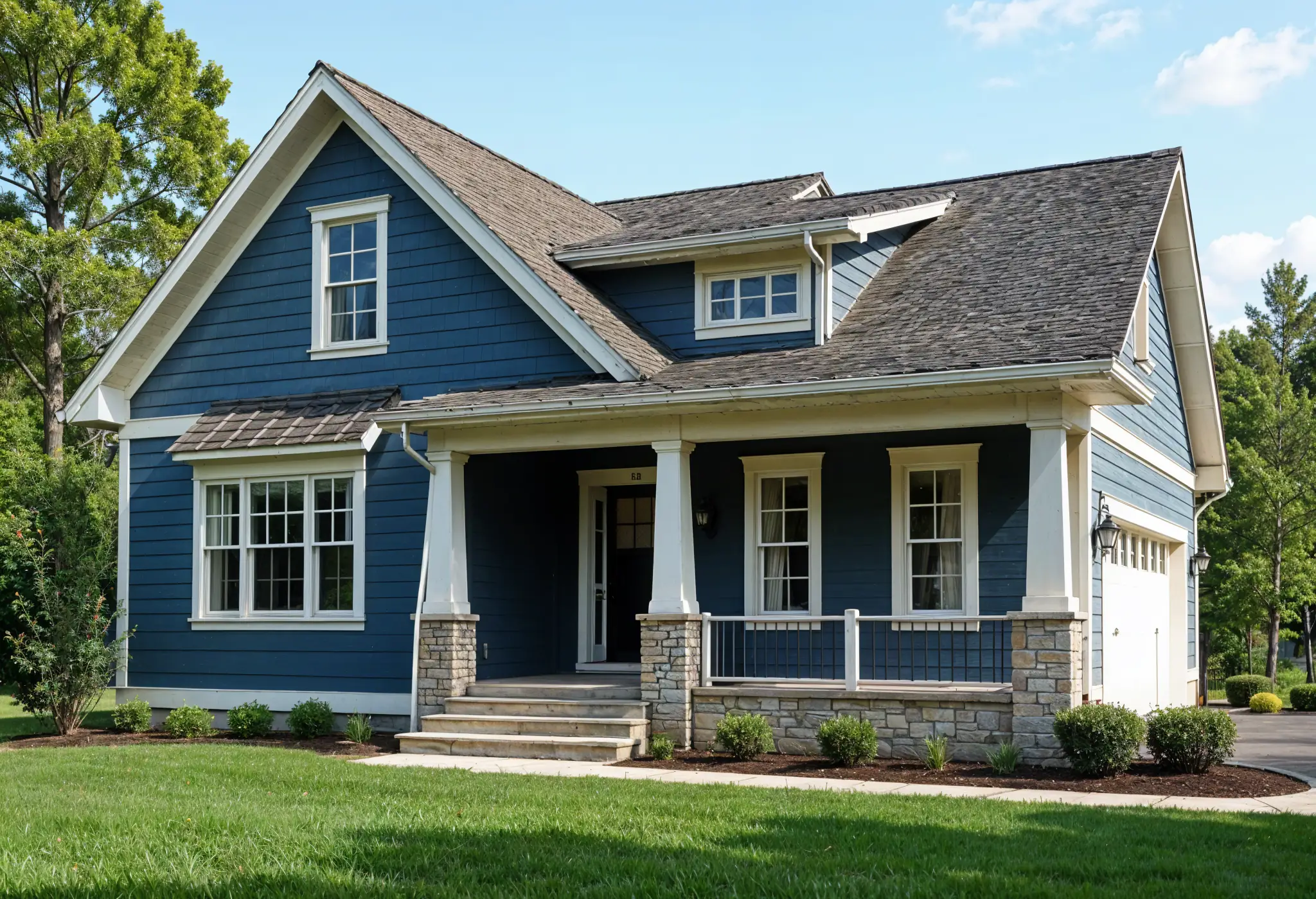 Blue HardiePlank siding on a craftsman home in West Virginia with stone base and shingle gables.