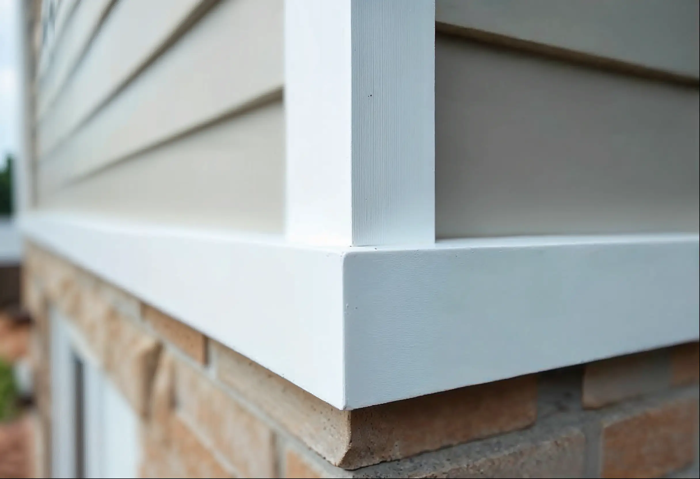 Close-up of fiber cement siding edge with caulk and flashing on a WV home.