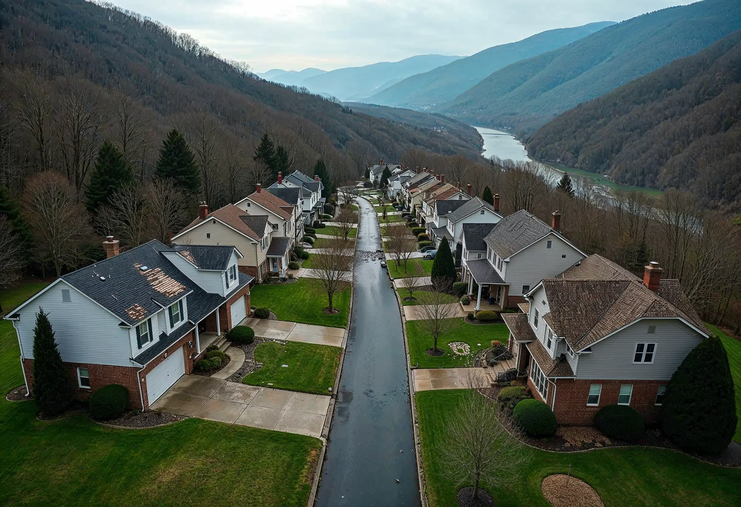 Aerial view of wind-damaged rooftops in a West Virginia valley neighborhood.