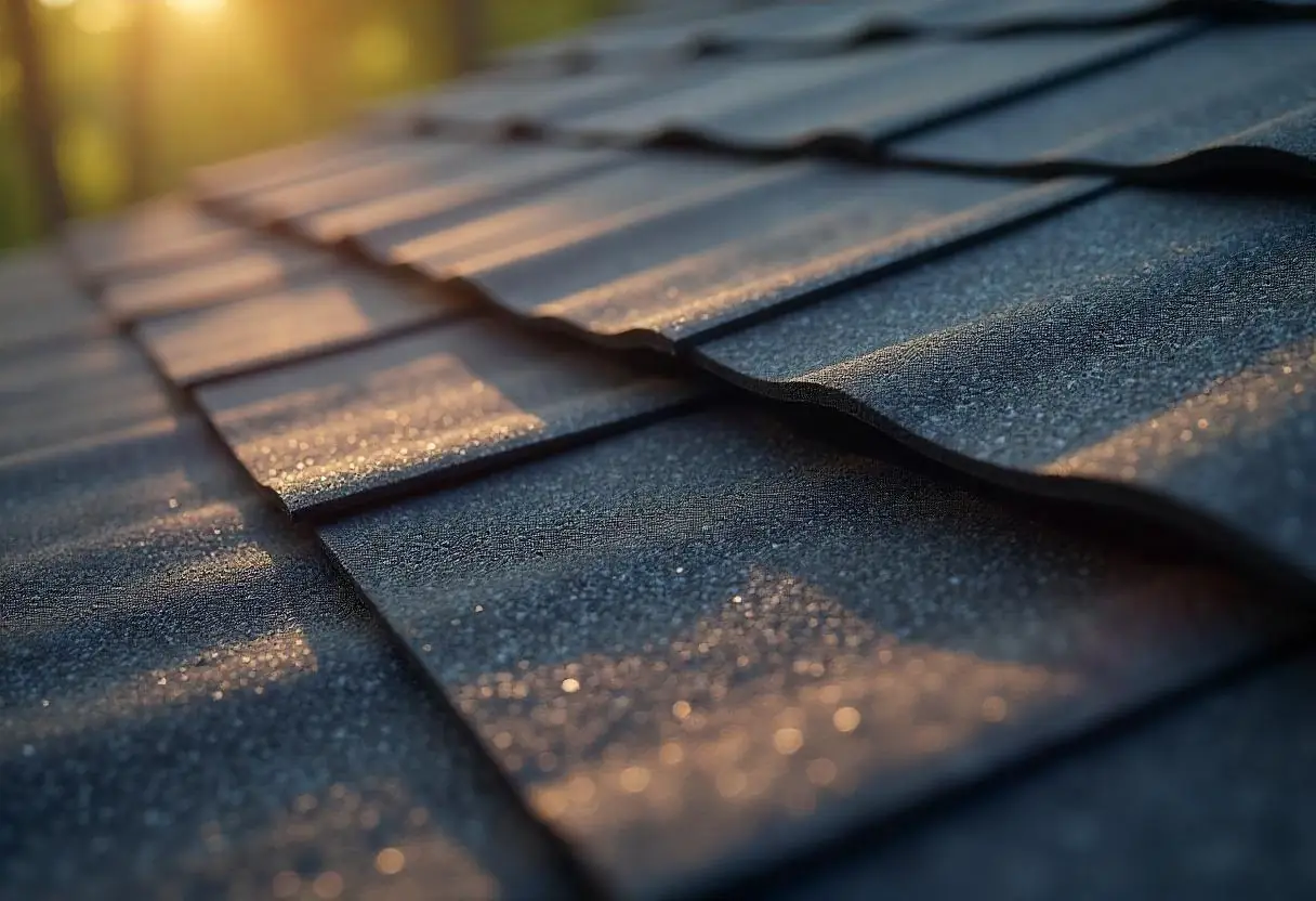 Close-up of lifted asphalt shingles exposing roof deck after windstorm.