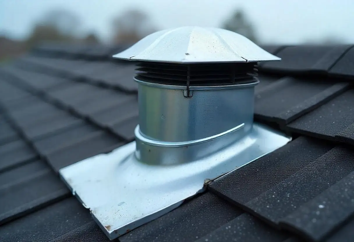 Dented metal roof vent and flashing after West Virginia windstorm.