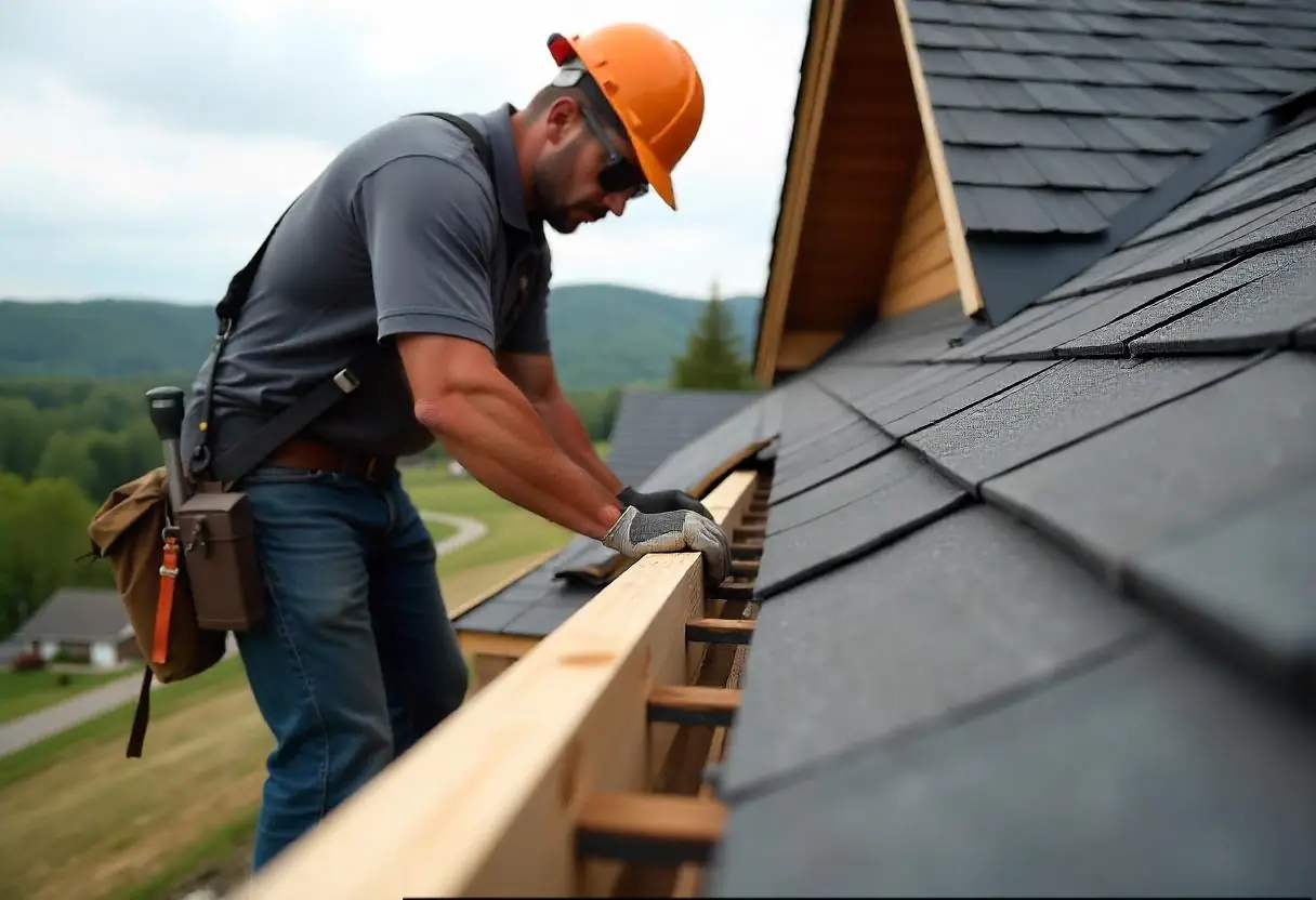 Contractor installing hurricane clip on West Virginia roof for wind resistance.
