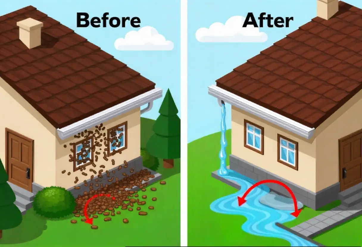 Split image comparing clogged overflowing gutters and clean gutters on same home.