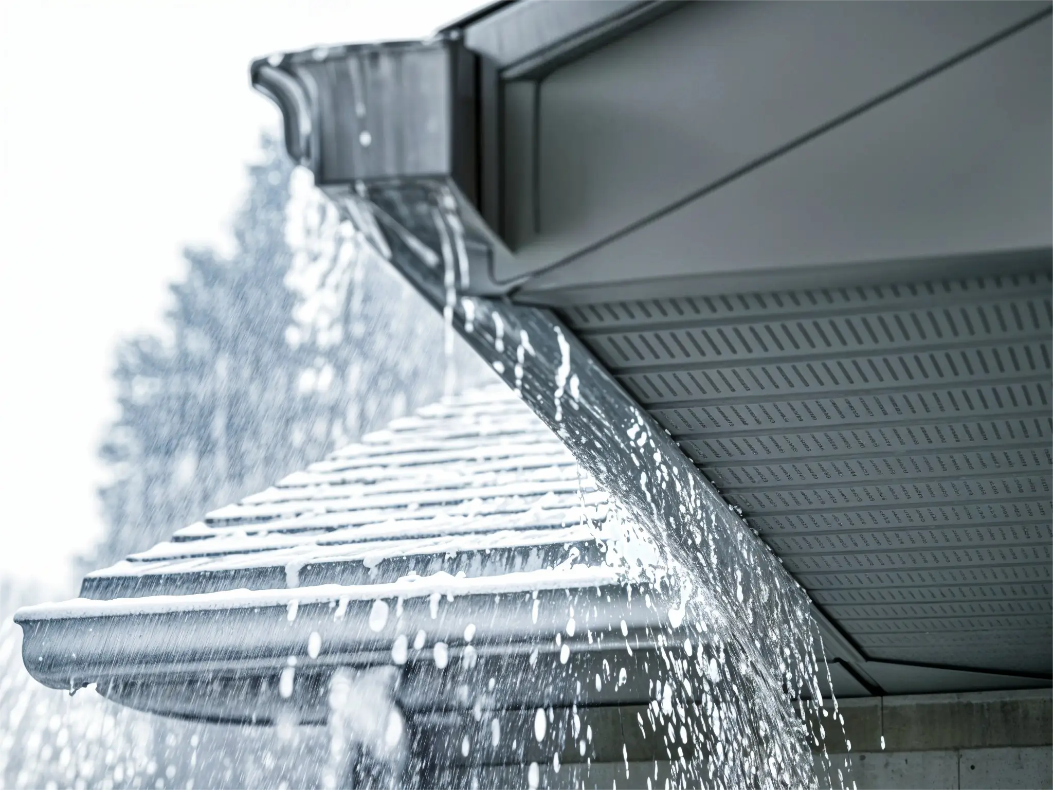 Illustration of rain falling on house with gutters channeling water during storm.
