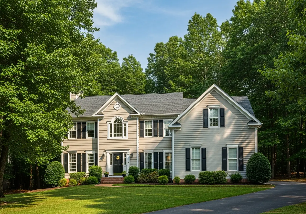 Virginia colonial home with energy-efficient beige siding reflecting sunlight to reduce cooling costs.
