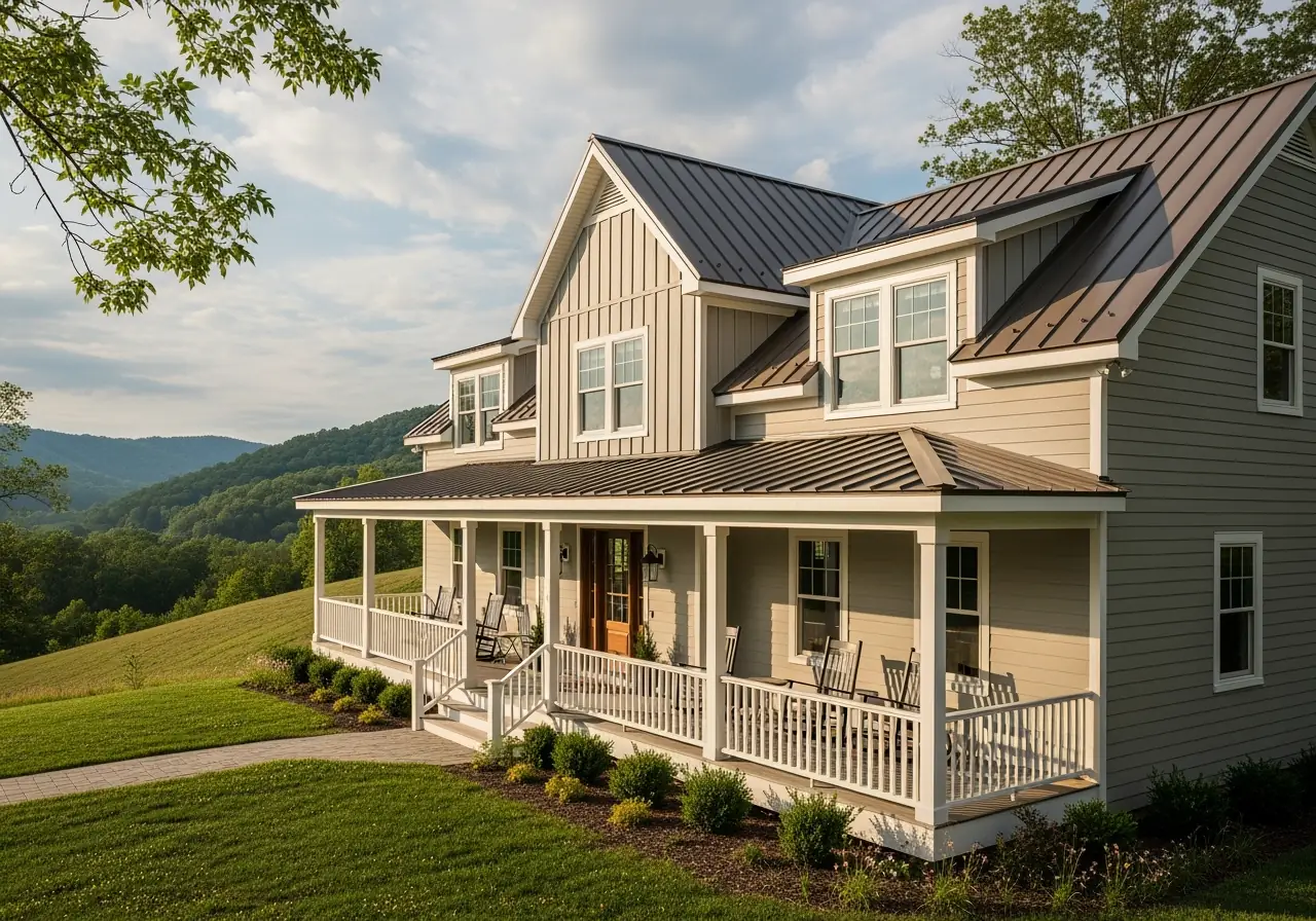 Modern Virginia farmhouse with greige siding reducing heat absorption for improved energy efficiency.