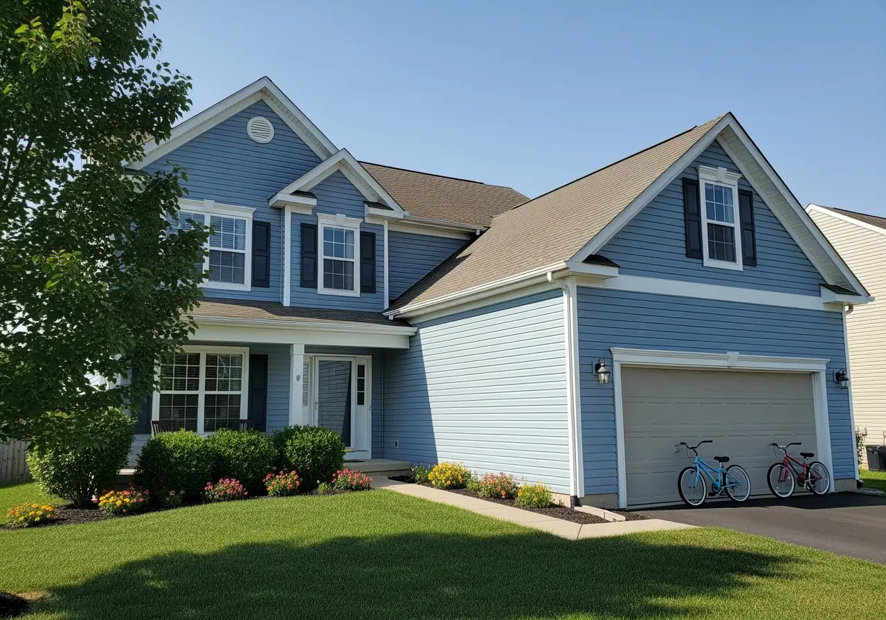 Virginia suburban home with light blue siding designed to cut cooling bills in hot summers.