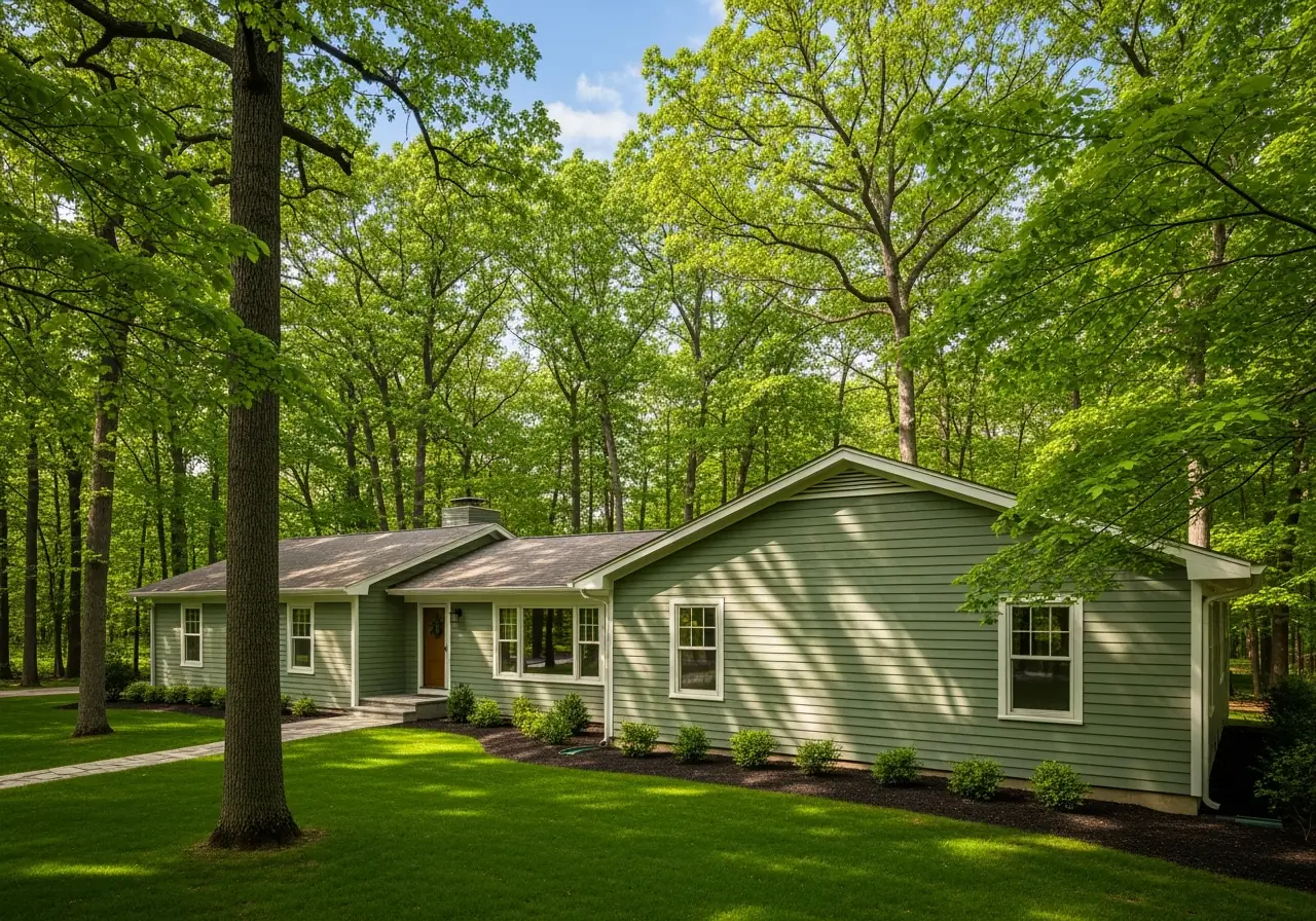 Ranch-style Virginia home with sage green siding that reflects sunlight while matching natural surroundings.