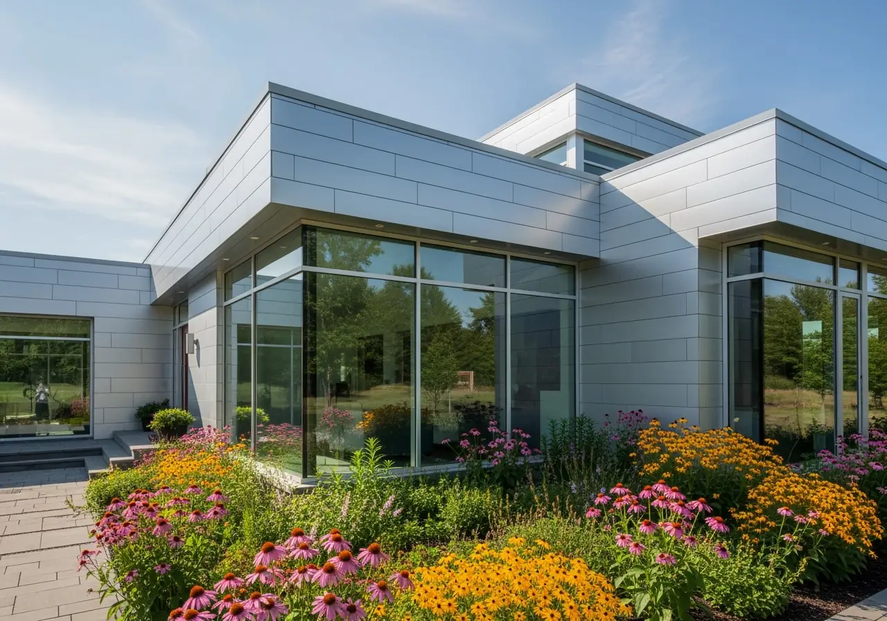 Modern Virginia home with reflective metal siding designed to reduce solar heat absorption.