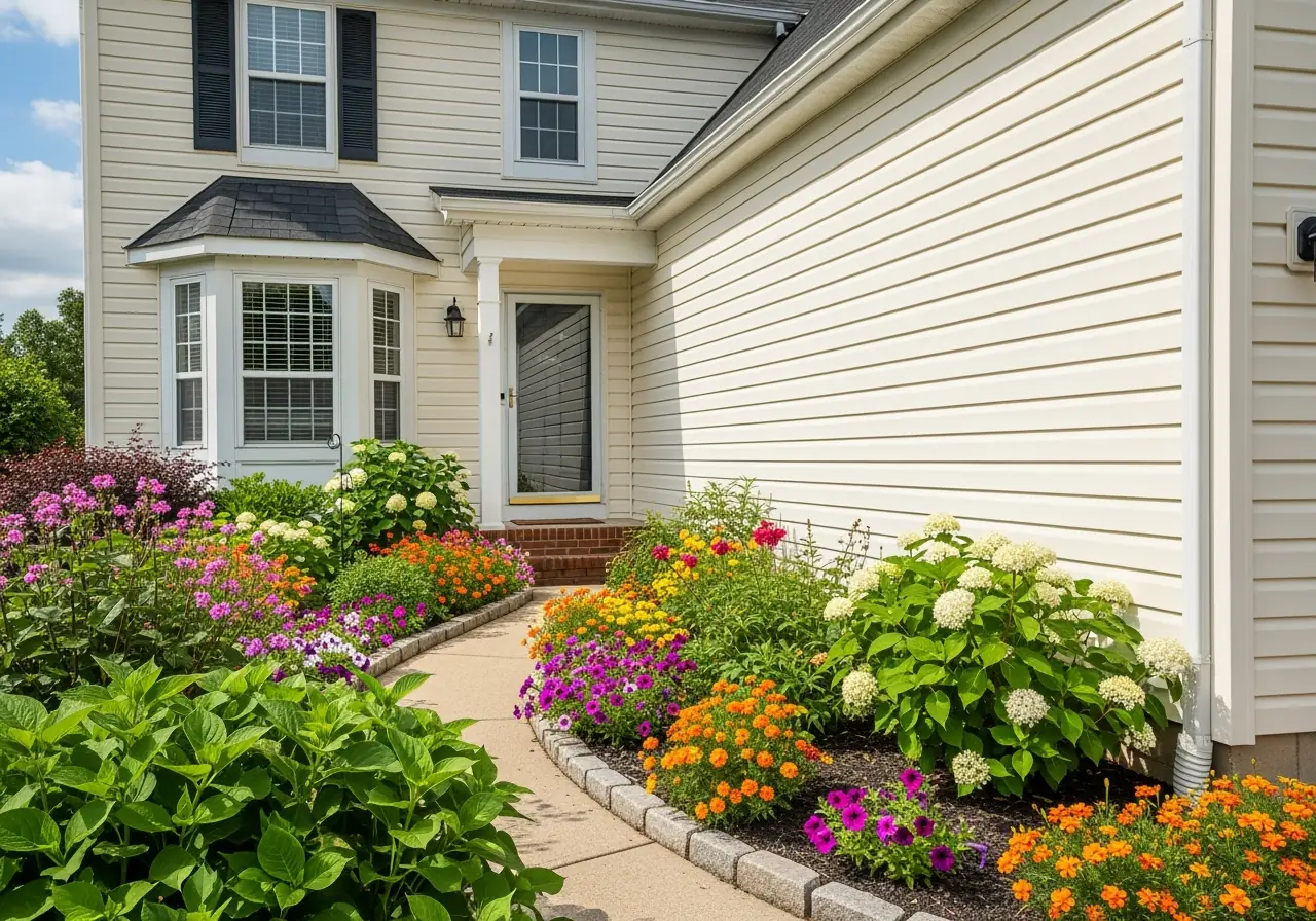 Cream-colored Virginia home with UV-protected vinyl siding that resists fading and cuts cooling costs.