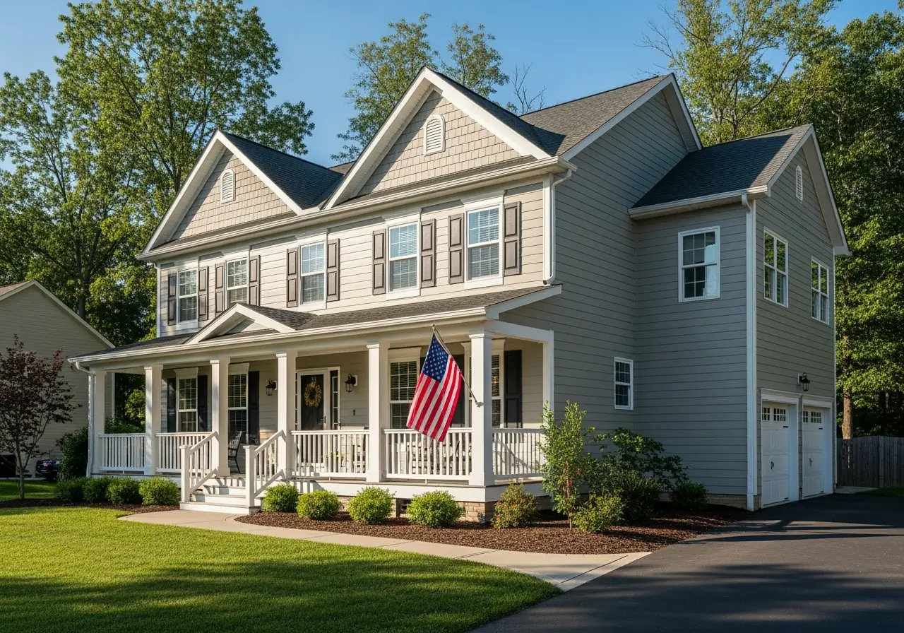 Virginia home with greige James Hardie fiber cement siding using baked-in finish for energy efficiency.