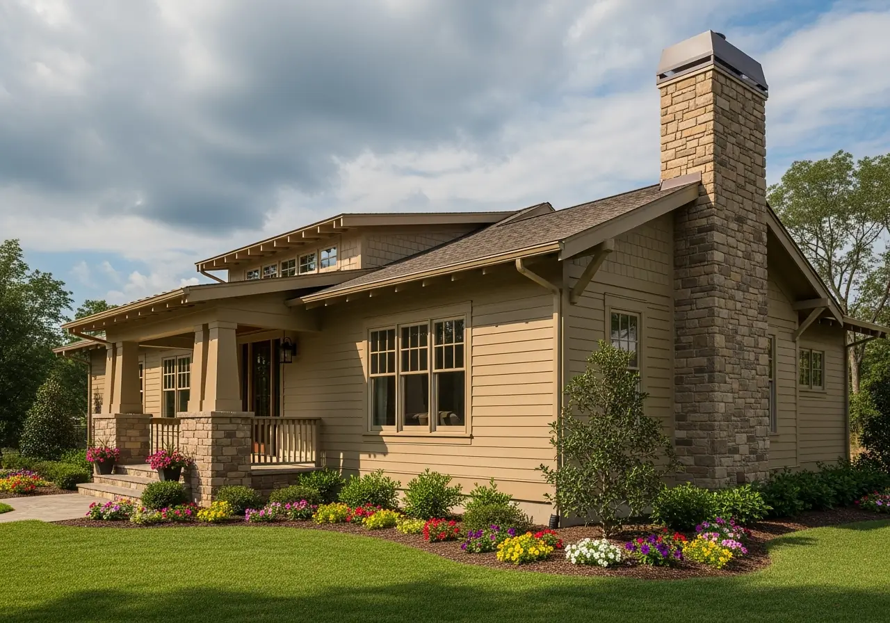 Virginia craftsman home with engineered wood siding in light tan, UV-resistant for durability and energy savings.