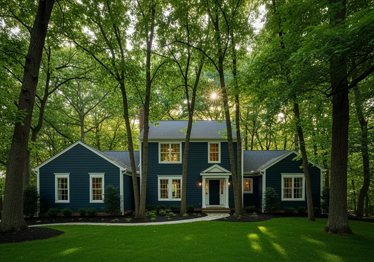 Shaded Virginia home with dark navy siding used strategically to minimize solar heat absorption.