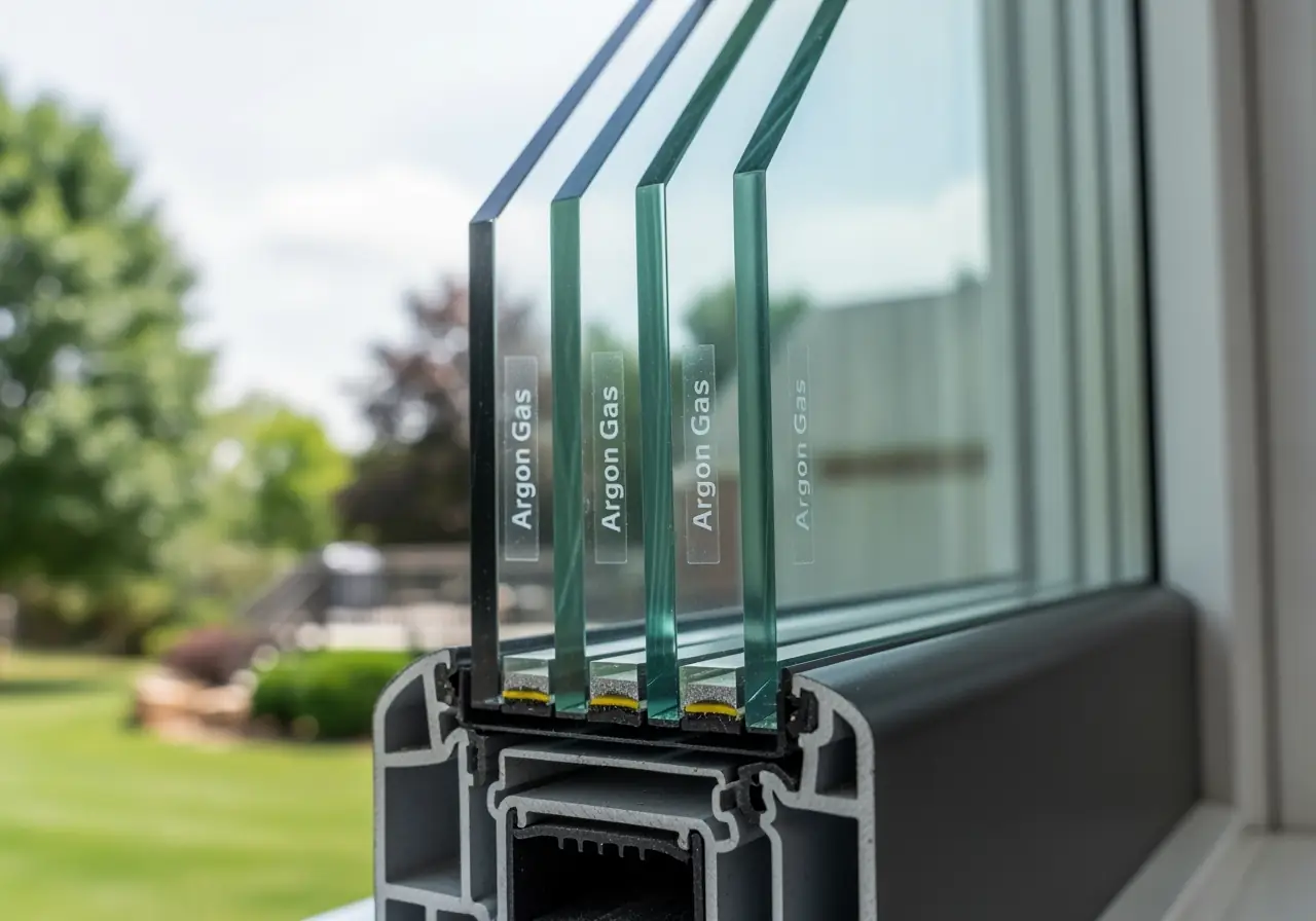 An ultra-realistic photo of a triple-pane window cross-section showing three glass layers and argon insulation.