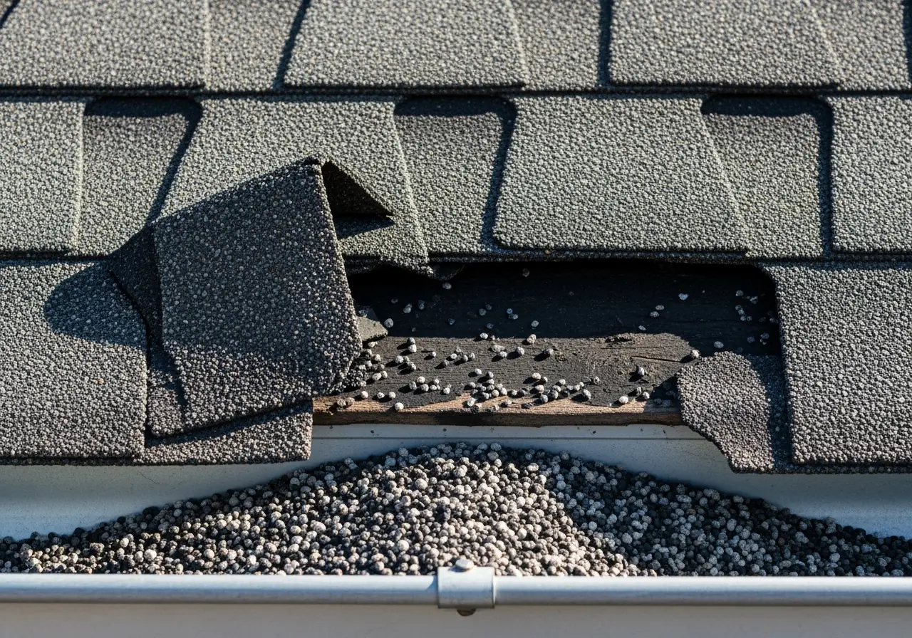 Close-up of Virginia roof with missing and curled shingles after wind damage.