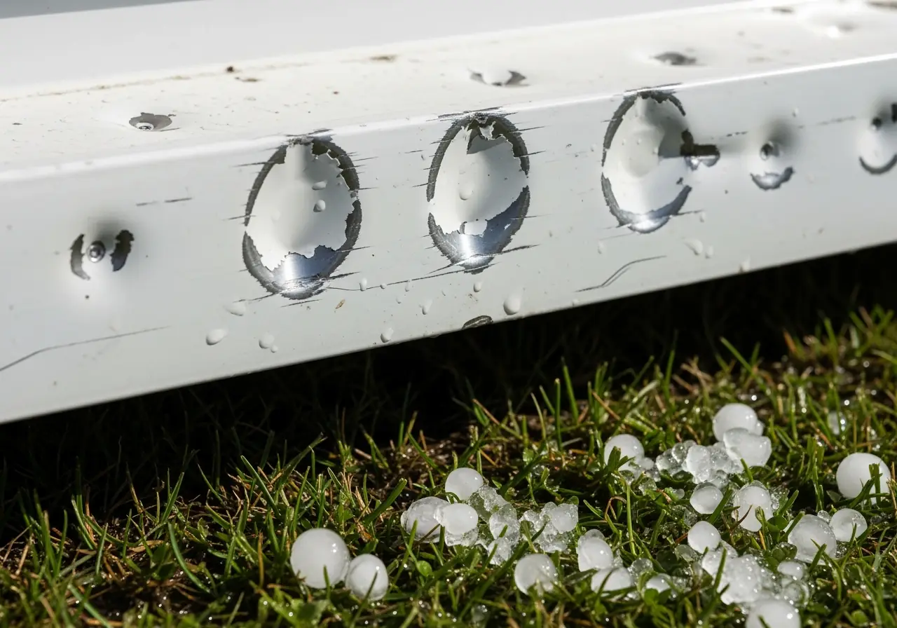 Hail dents visible on Virginia home gutter after severe storm.