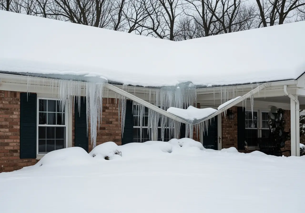 An ultra-realistic photo of sagging gutters on a Virginia home weighed down by snow and ice dams.