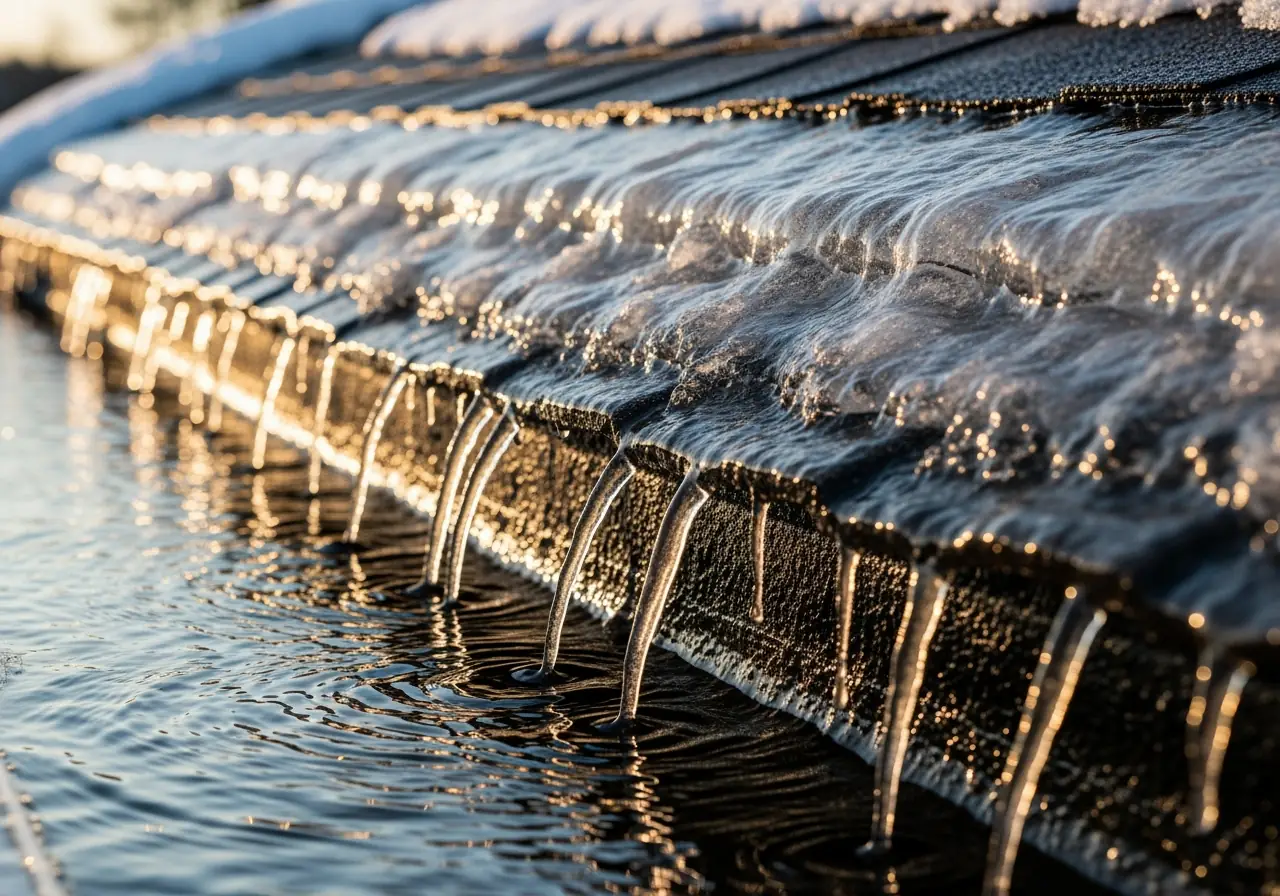 An ultra-realistic photo of ice dam buildup on a Virginia home’s roof and gutters.