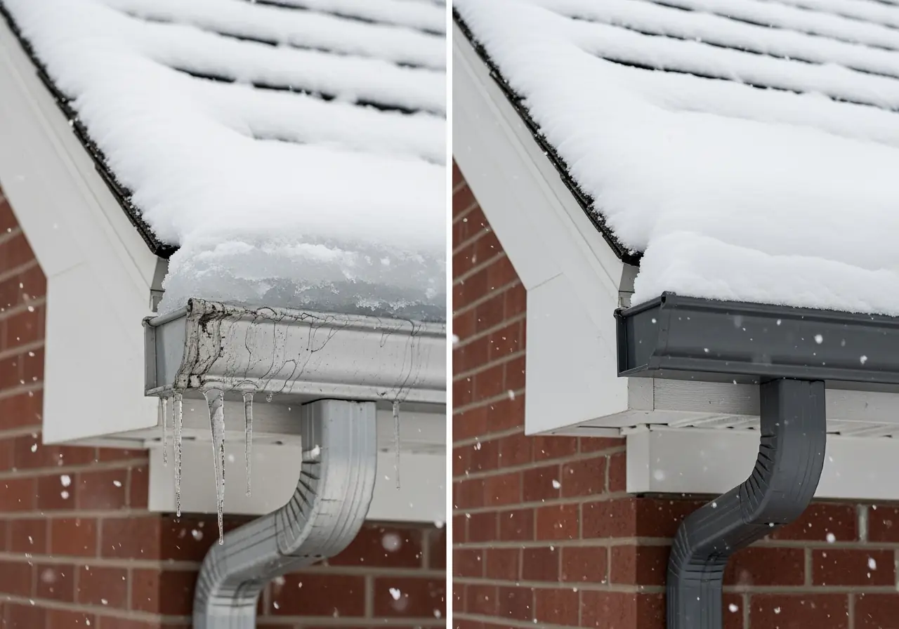 An ultra-realistic photo comparing aluminum gutter bending under snow and steel gutter holding firm.