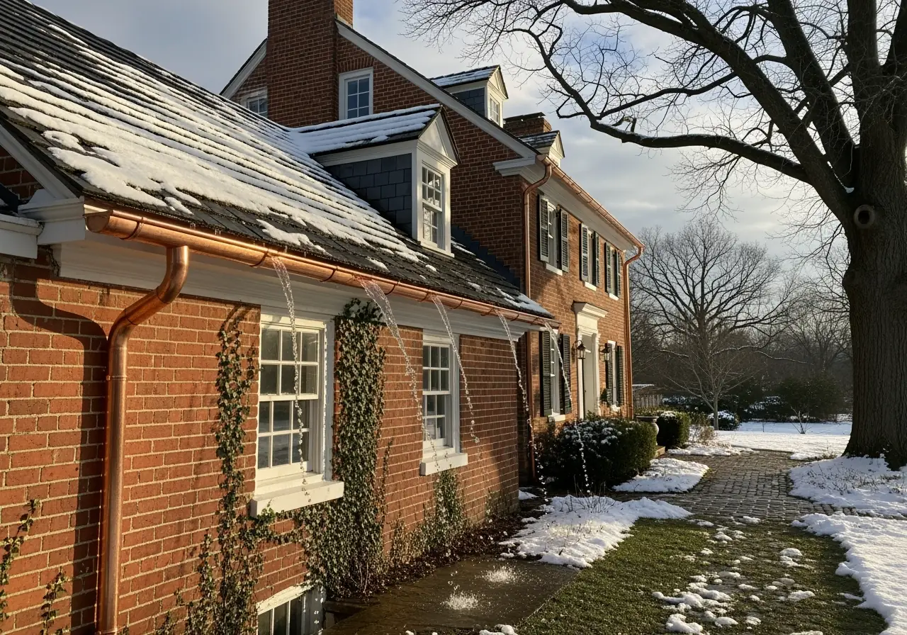An ultra-realistic photo of copper half-round gutters on a historic Virginia home in winter.
