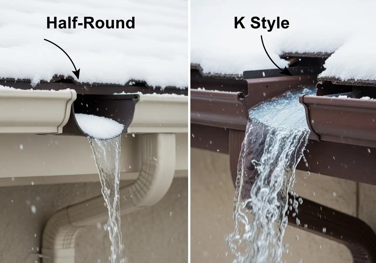 An ultra-realistic photo comparing half-round and K-style gutters under snowmelt in Virginia.