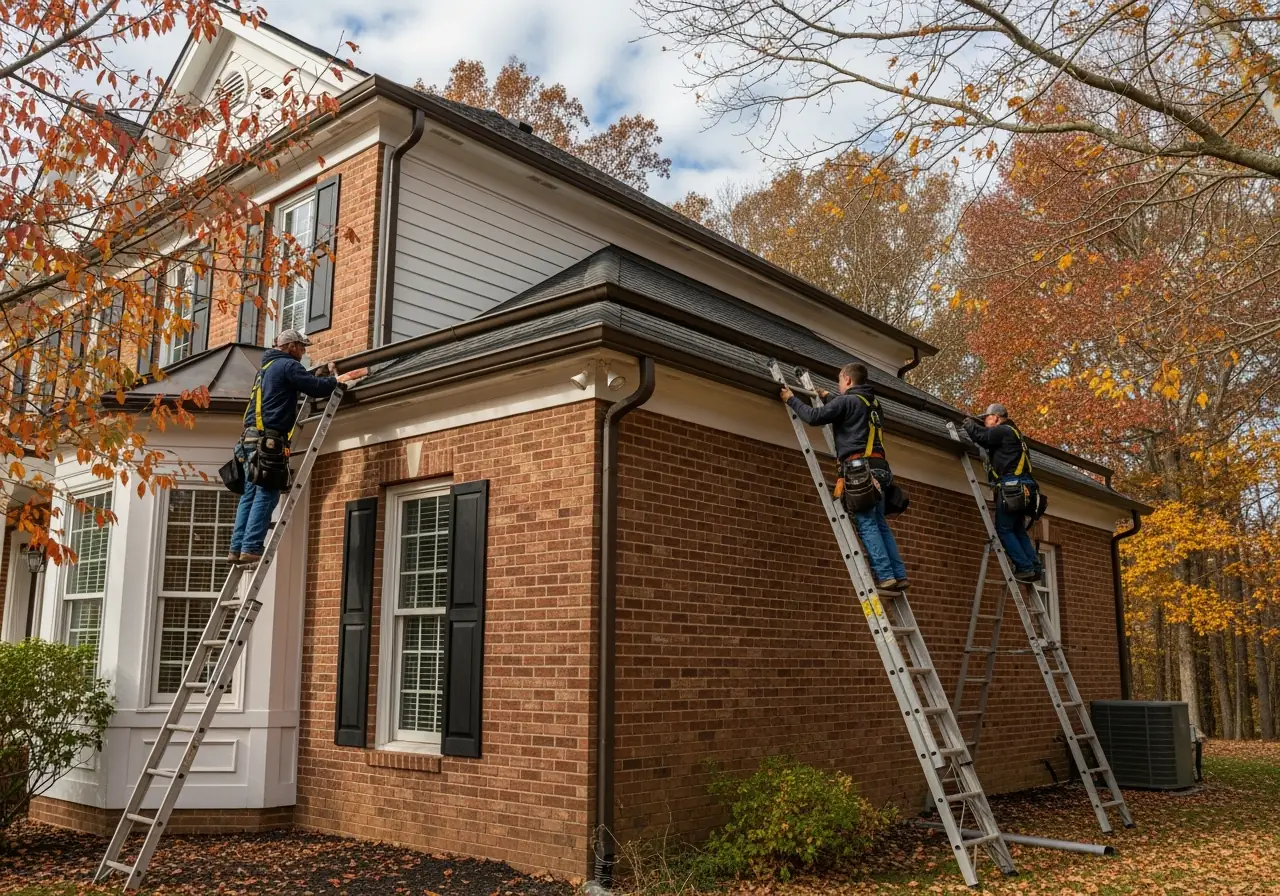 An ultra-realistic photo of seamless gutter installation on a Virginia home before winter.